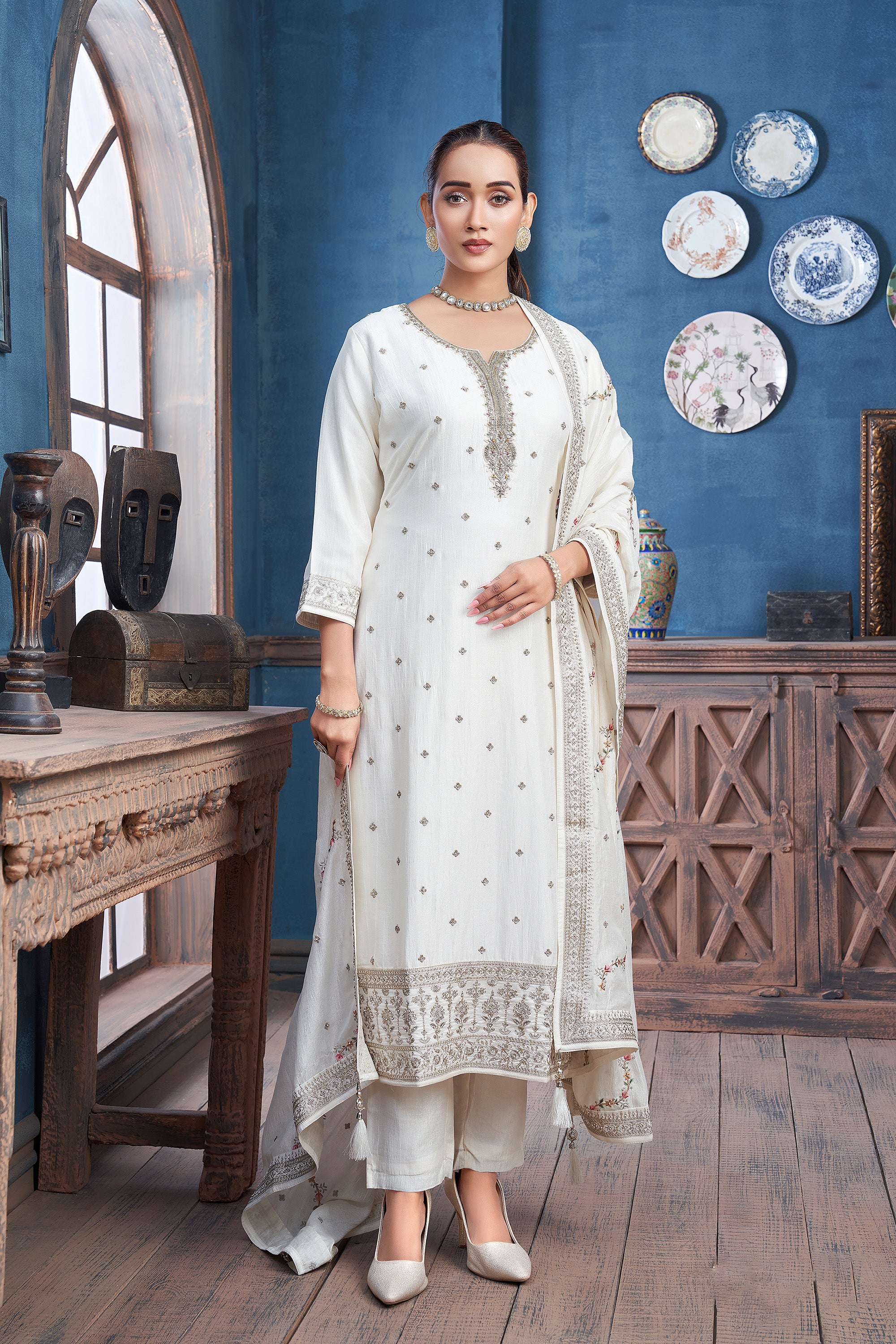 Regal Teal | Deep Teal Silk Straight Suit Resham Work Dupatta | Palkhi Fashion