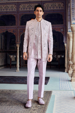 Stunning Beige Mirror Work Indo-Western for Men – Stylish Open Jacket Set