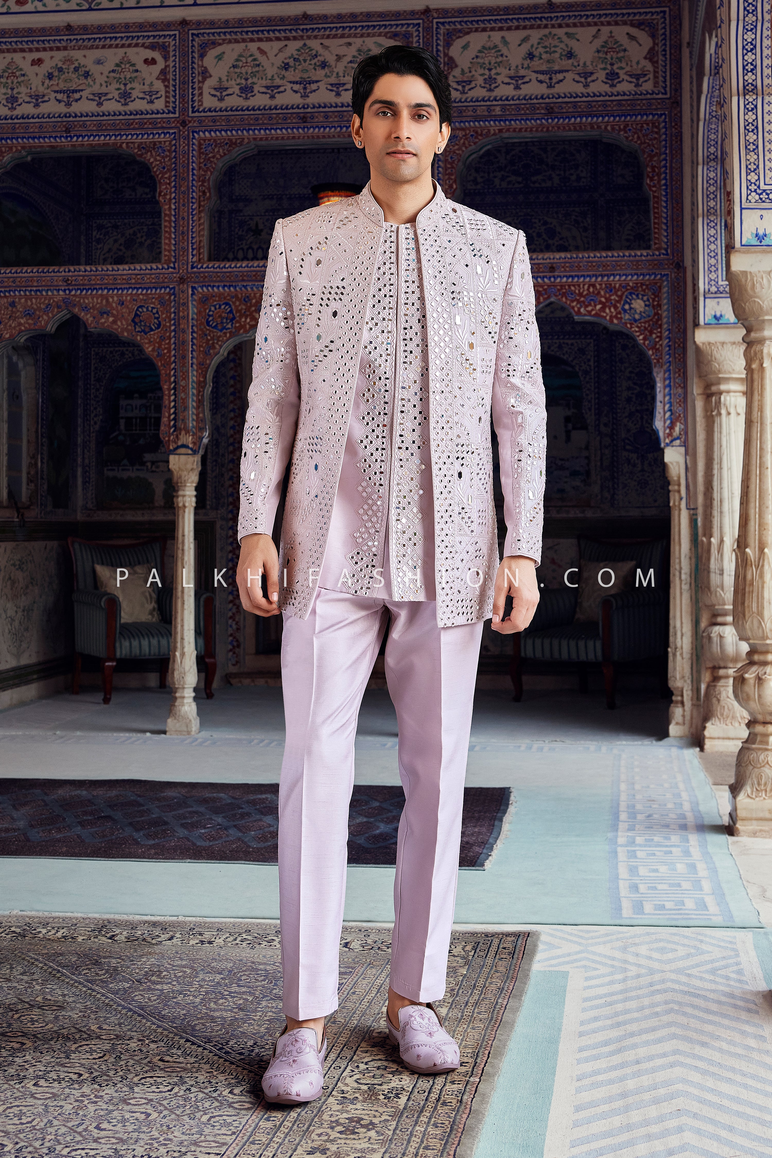 Stunning Beige Mirror Work Indo-Western for Men – Stylish Open Jacket Set
