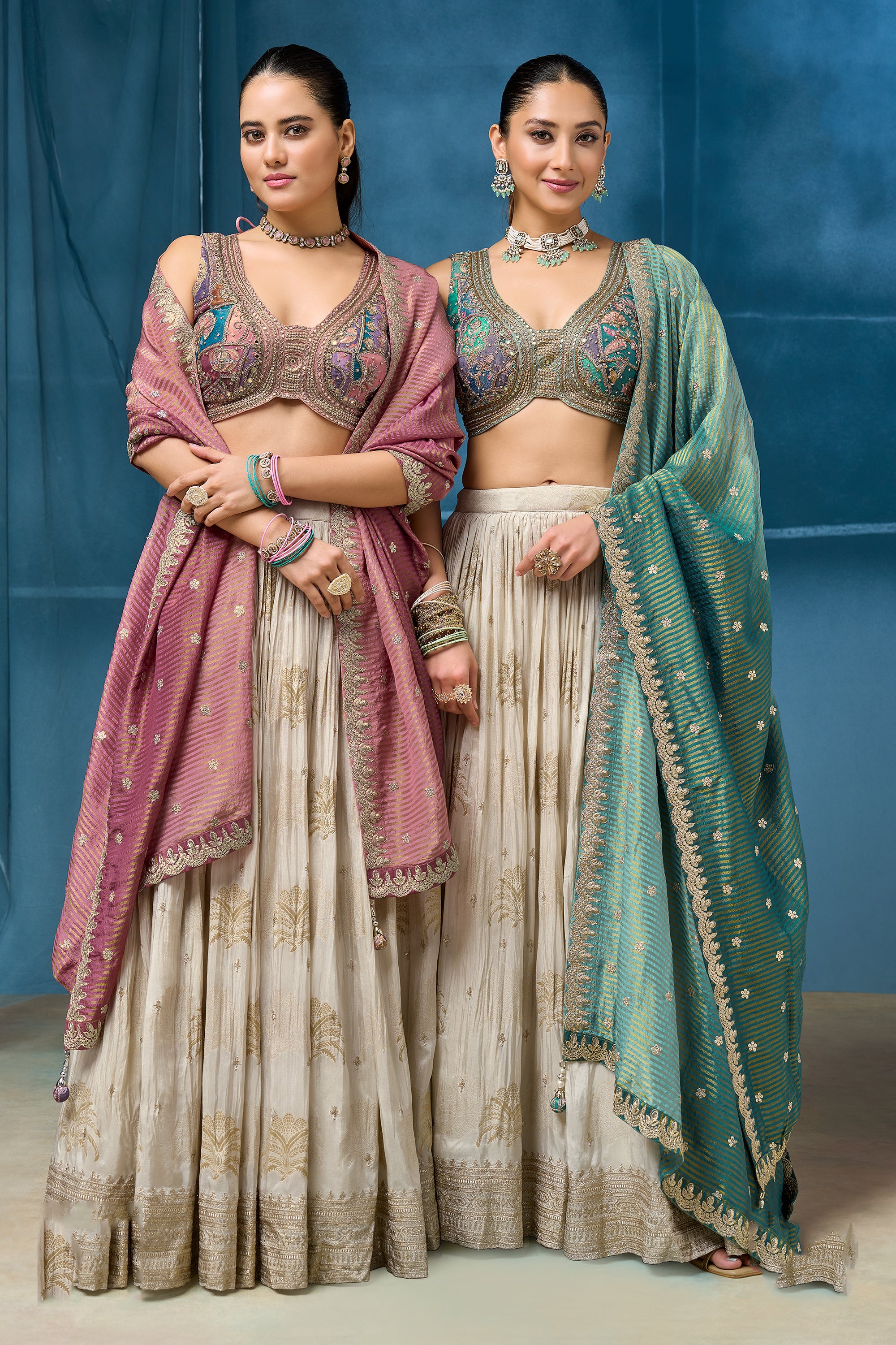 Ivory Silk Flared Lehenga with Multicolor Embroidery | Palkhi Fashion