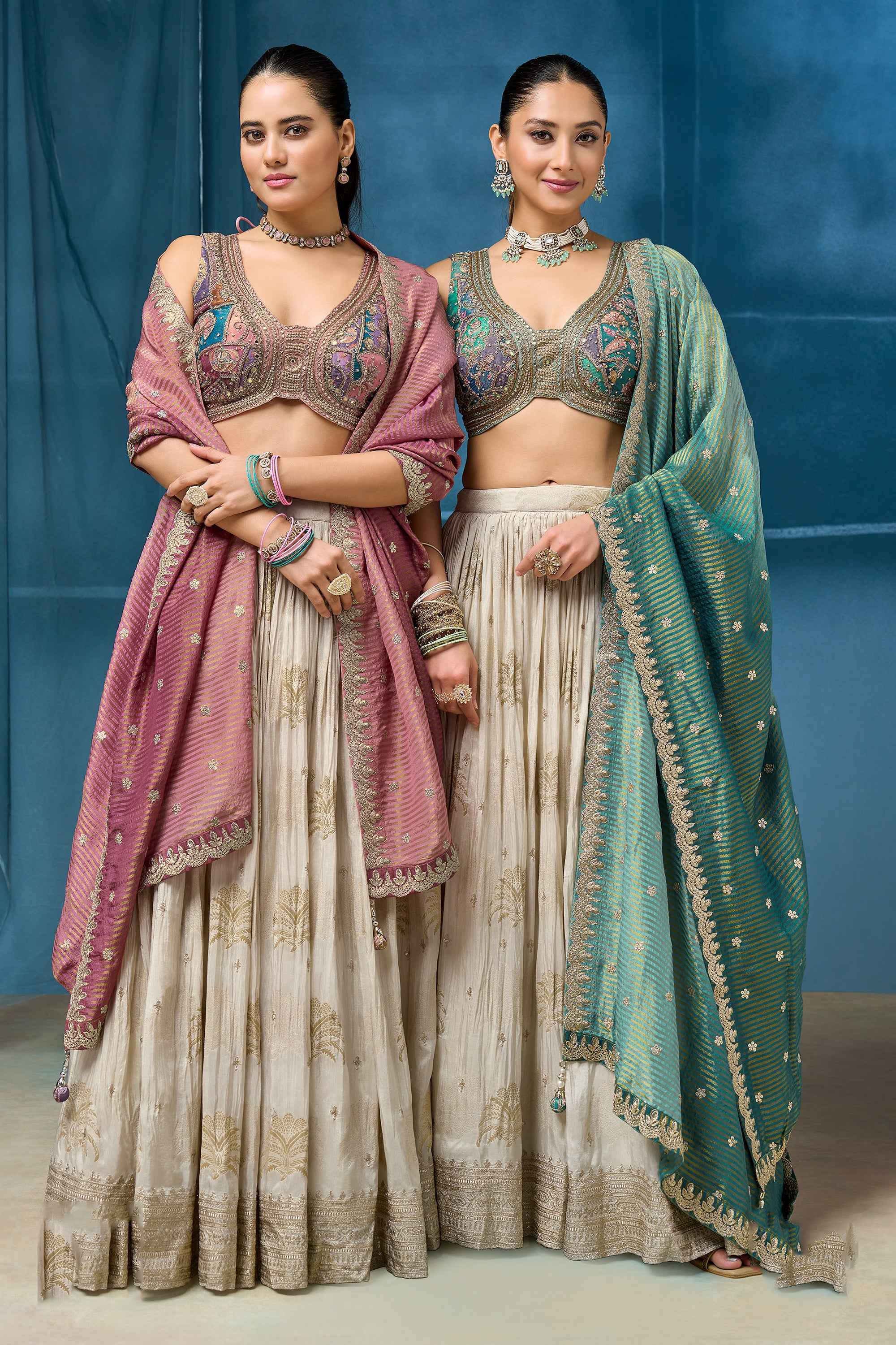 Ethereal Ivory Crushed Silk Lehenga with Resham Work | Palkhi Fashion