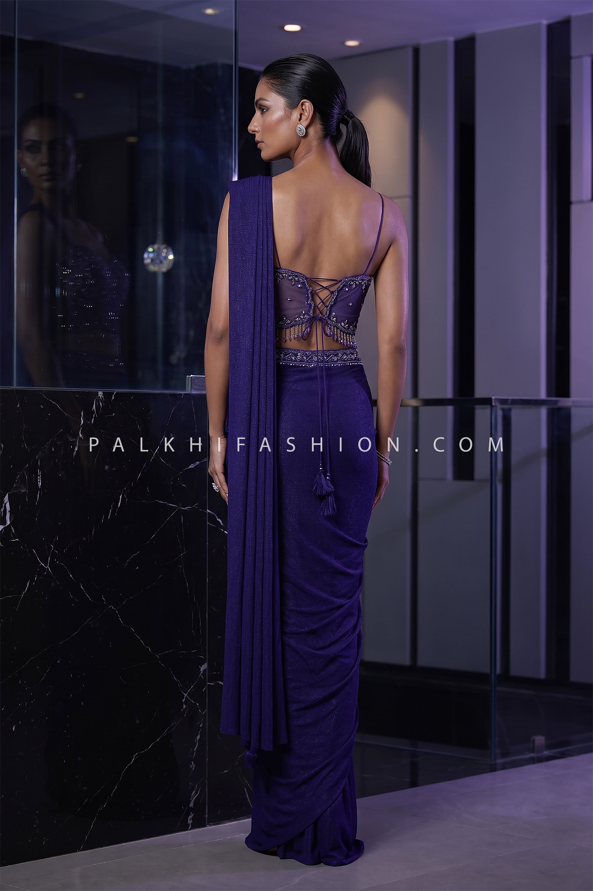 After Dark Elegance – Purply Blue Designer Saree With Corset Blouse | Palkhi Fashion