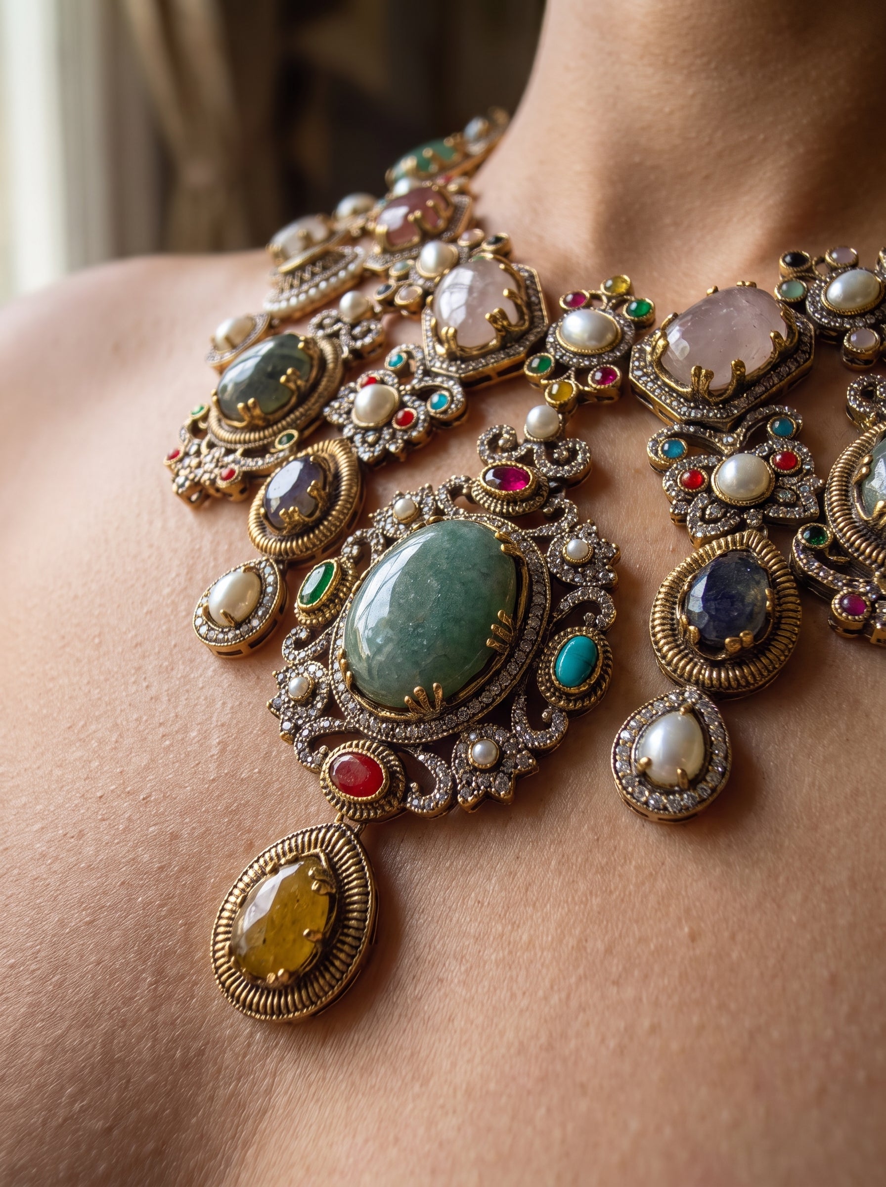 Majestic Antique Gold Multicolor Bridal Necklace Set | Palkhi Fashion