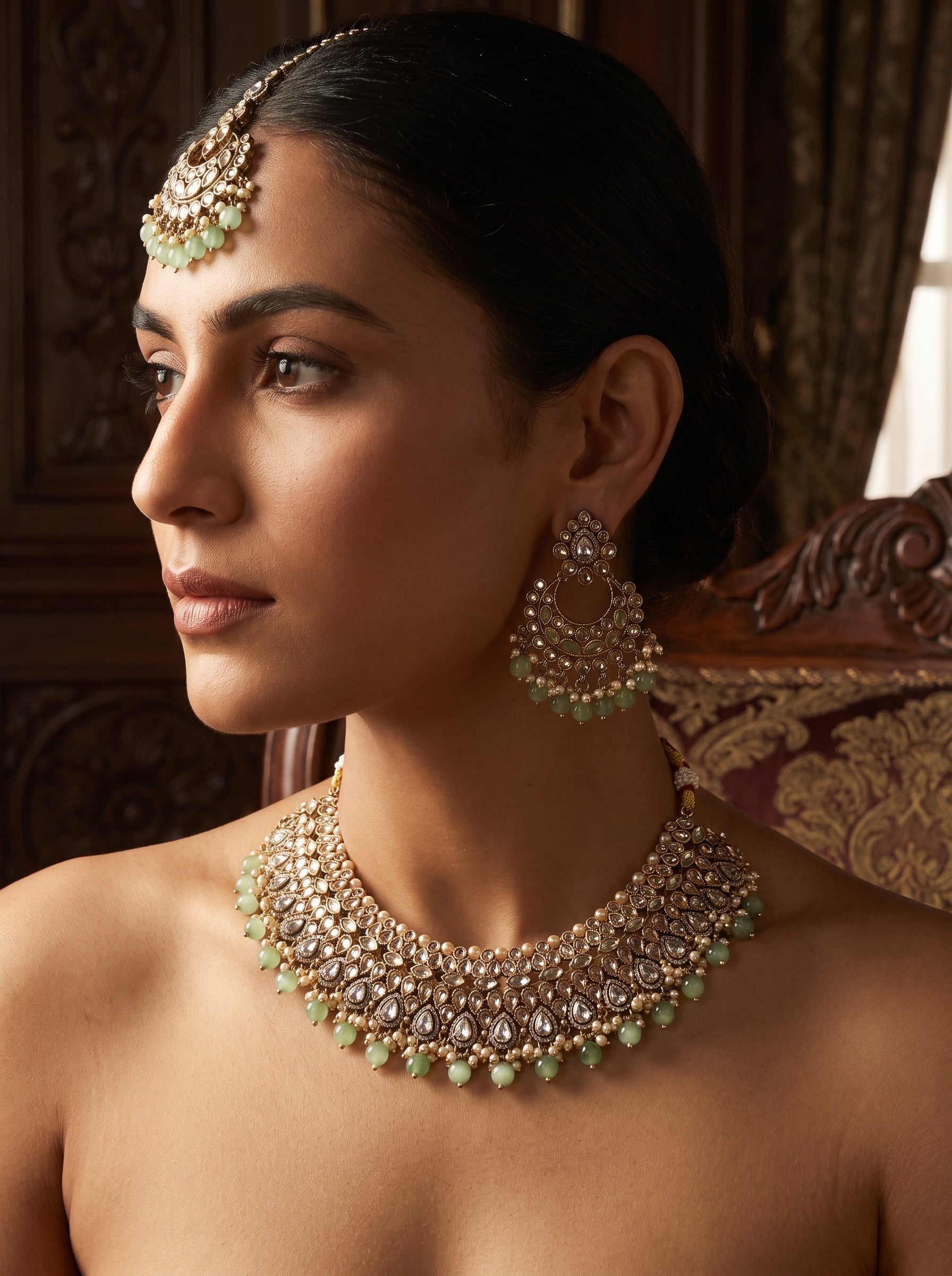 Traditional Indian Polki Choker Set with Chandbali Earrings | Palkhi Fashion