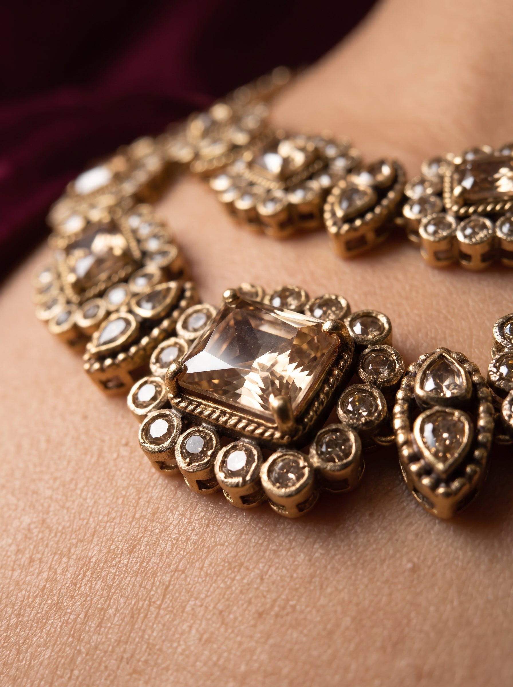 Antique Gold Polki Layered Necklace Set with Colored Stones | Palkhi Fashion