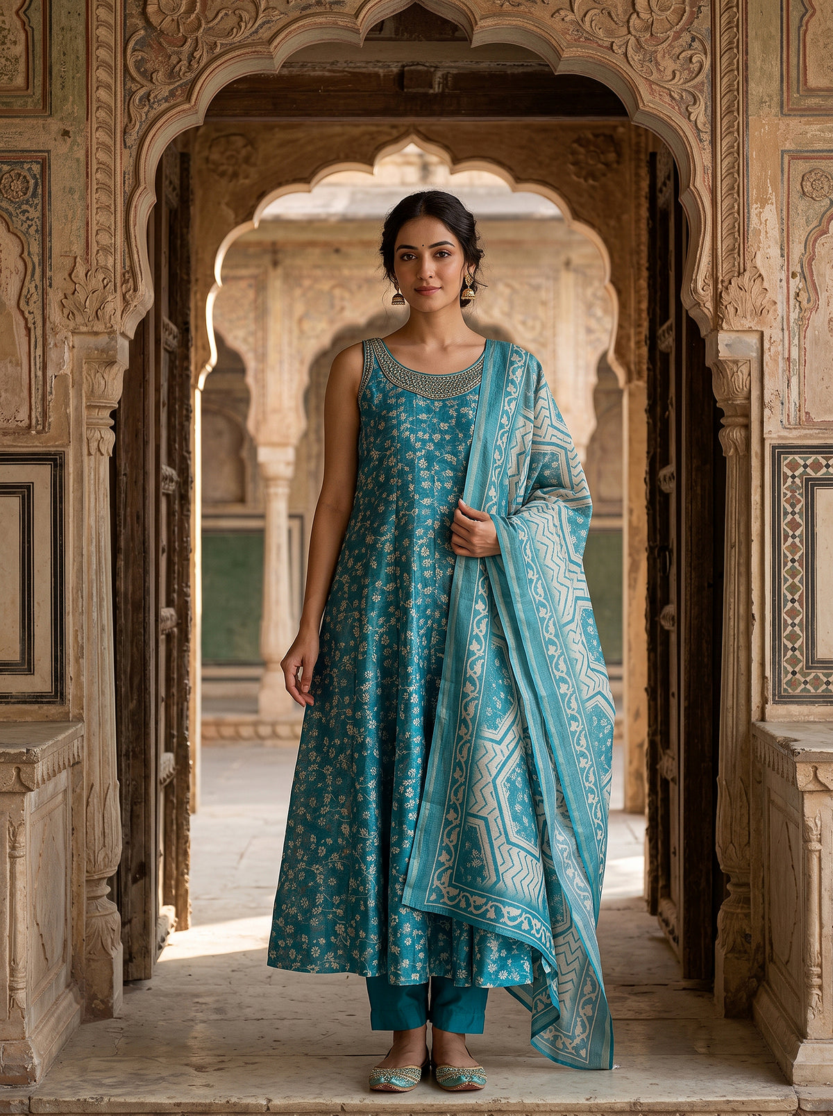 Aqua Bloom | Teal Blue Chanderi Silk Anarkali with Mirror Work | Palkhi Fashion