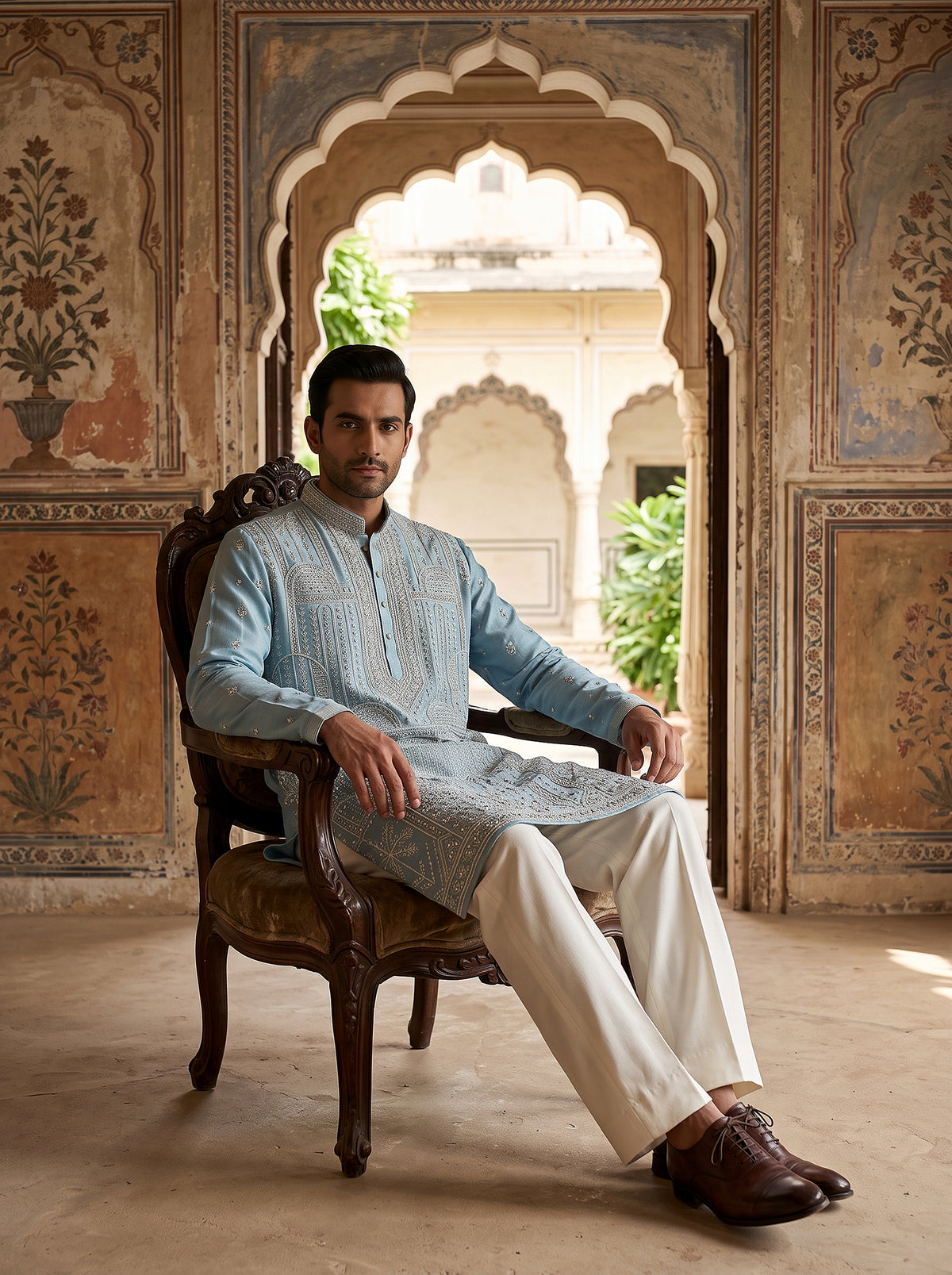 Imperial Azure | Bespoke Azure Blue Silk Hand-Embellished Kurta Set | Palkhi Fashion