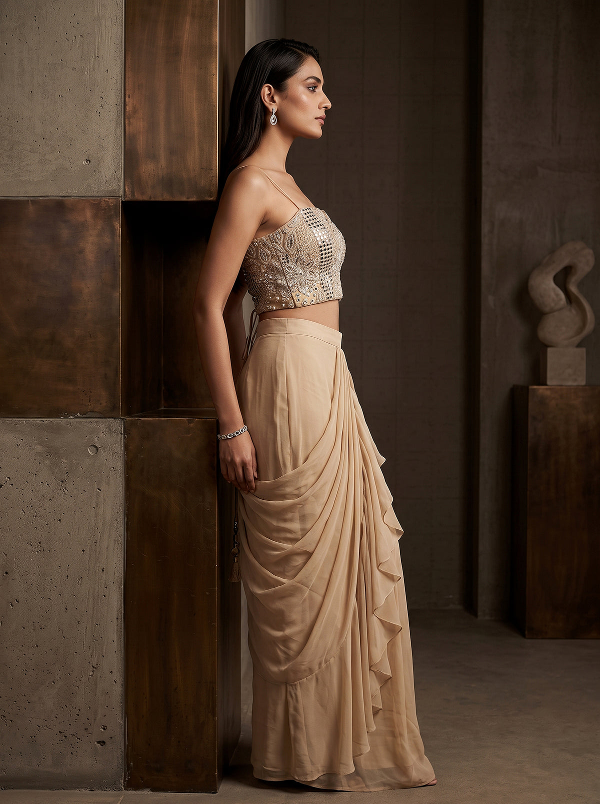 Golden Hour Glamour | Champagne Crape Silk Draped Skirt Set with Elegant work Crop Top | Palkhi Fashion