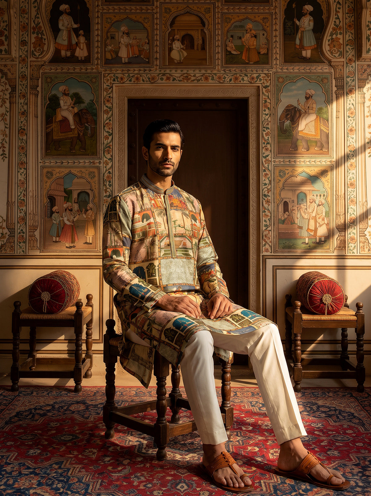 Imperial Canvas | Beige Silk Blend Kurta Pajama Mughal Heritage Print | Palkhi Fashion