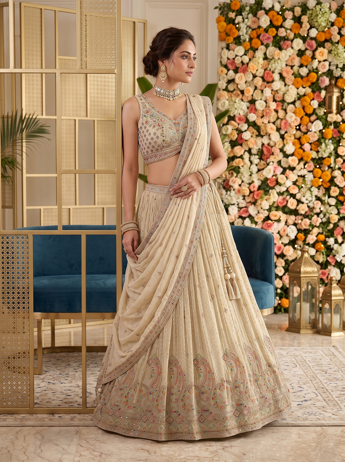 Opulent Serenity | Beige Pastel Resham Embroidered Georgette Lehenga Choli | Palkhi Fashion