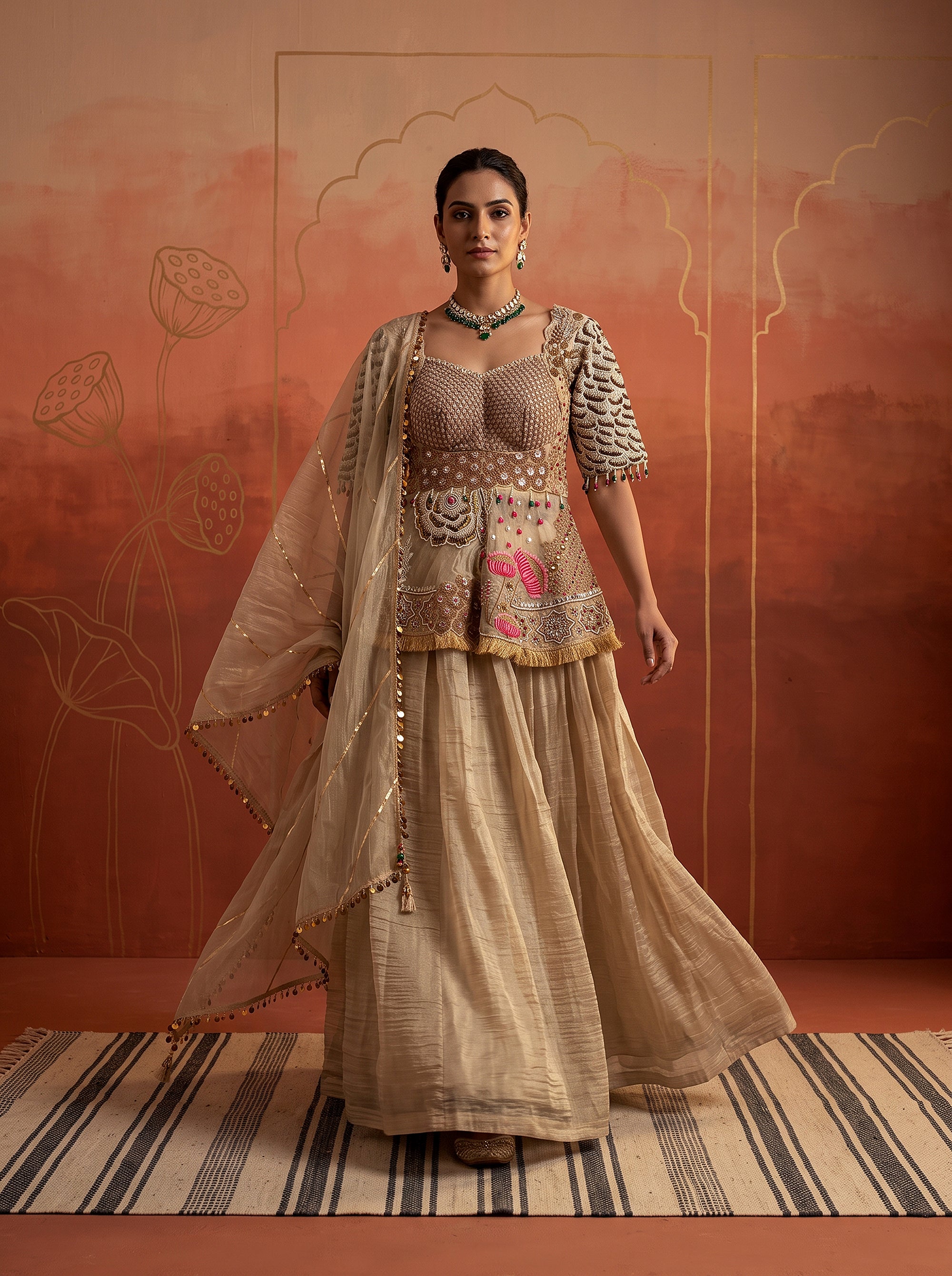 Gold Radiance | Premium Champagne Gold Organza Tissue Handwork Lehenga Choli | Palkhi Fashion