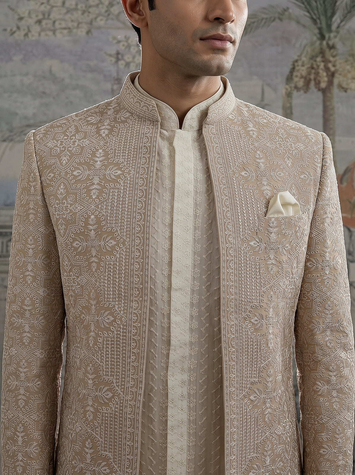 Regal Sophistication | Premium Beige Indo-Western Set with Geometric Motifs | Palkhi Fashion