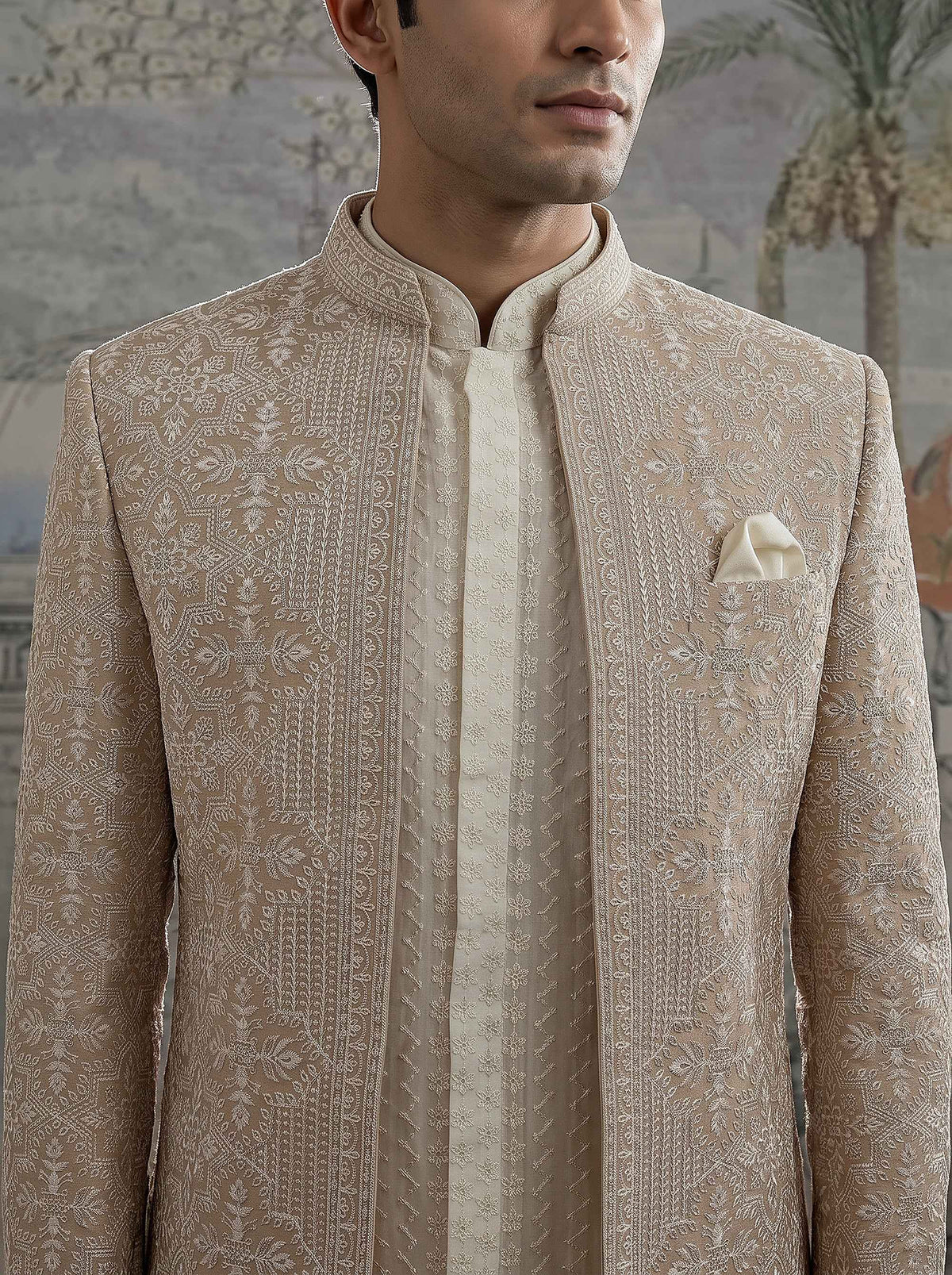 Regal Sophistication | Premium Beige Indo-Western Set with Geometric Motifs | Palkhi Fashion