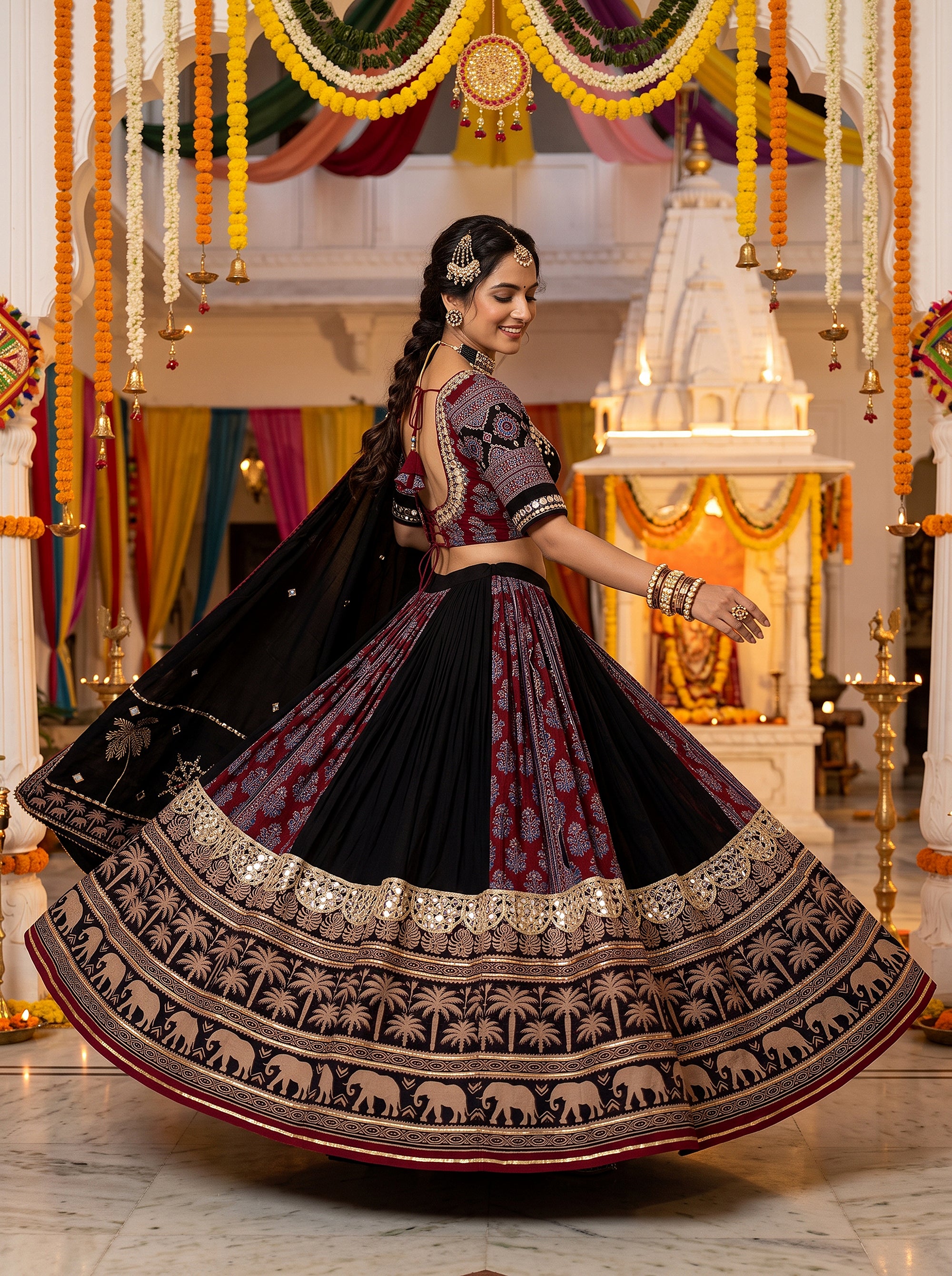 Festive Royalty | Black & Maroon Ajrakh Block Print Mirrorwork Chaniya Choli | Palkhi Fashion