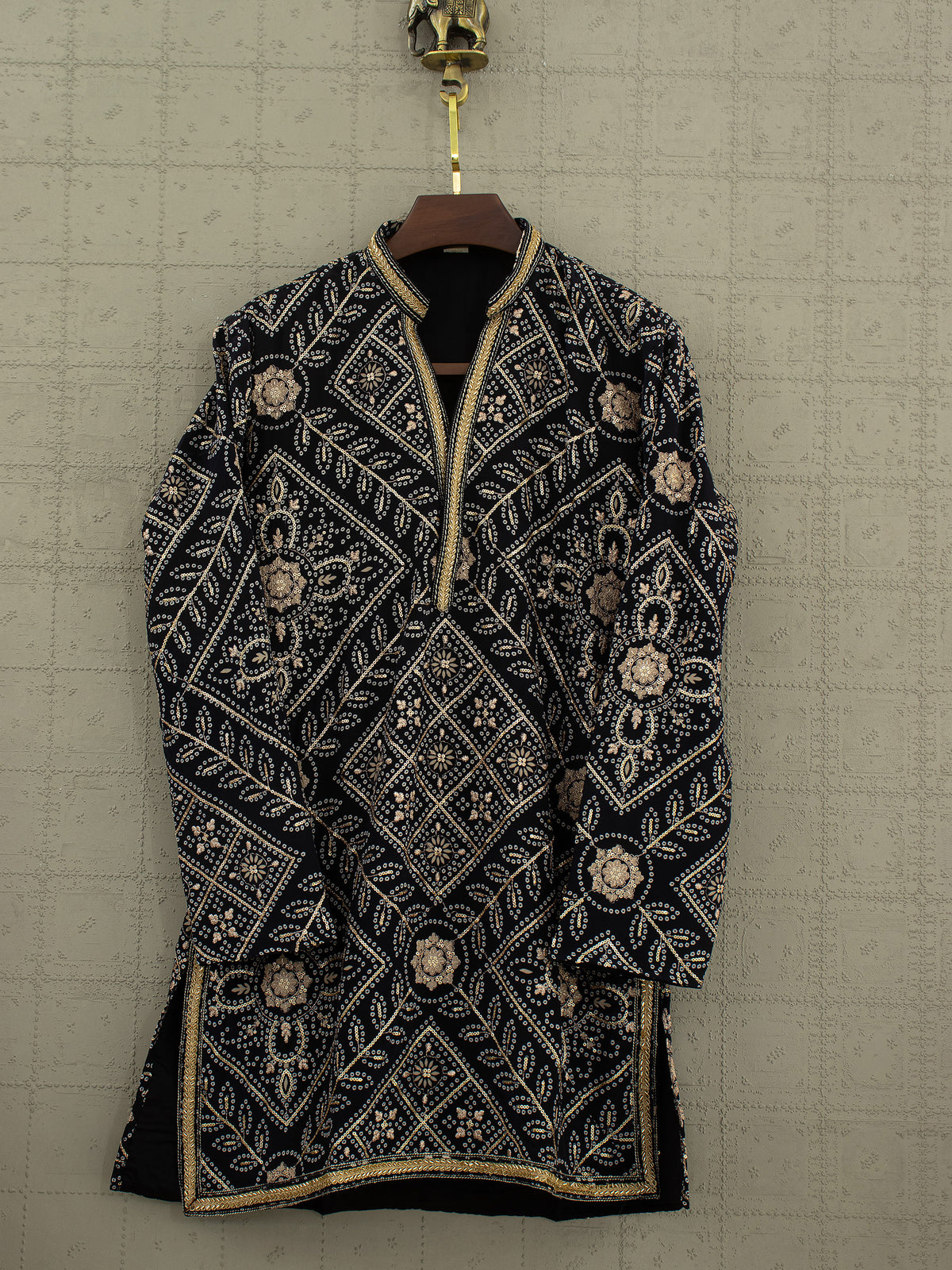 Midnight Majesty | Black Bandhej Print Mens Kurta Set with Cutdana & Petit Stone | Palkhi Fashion