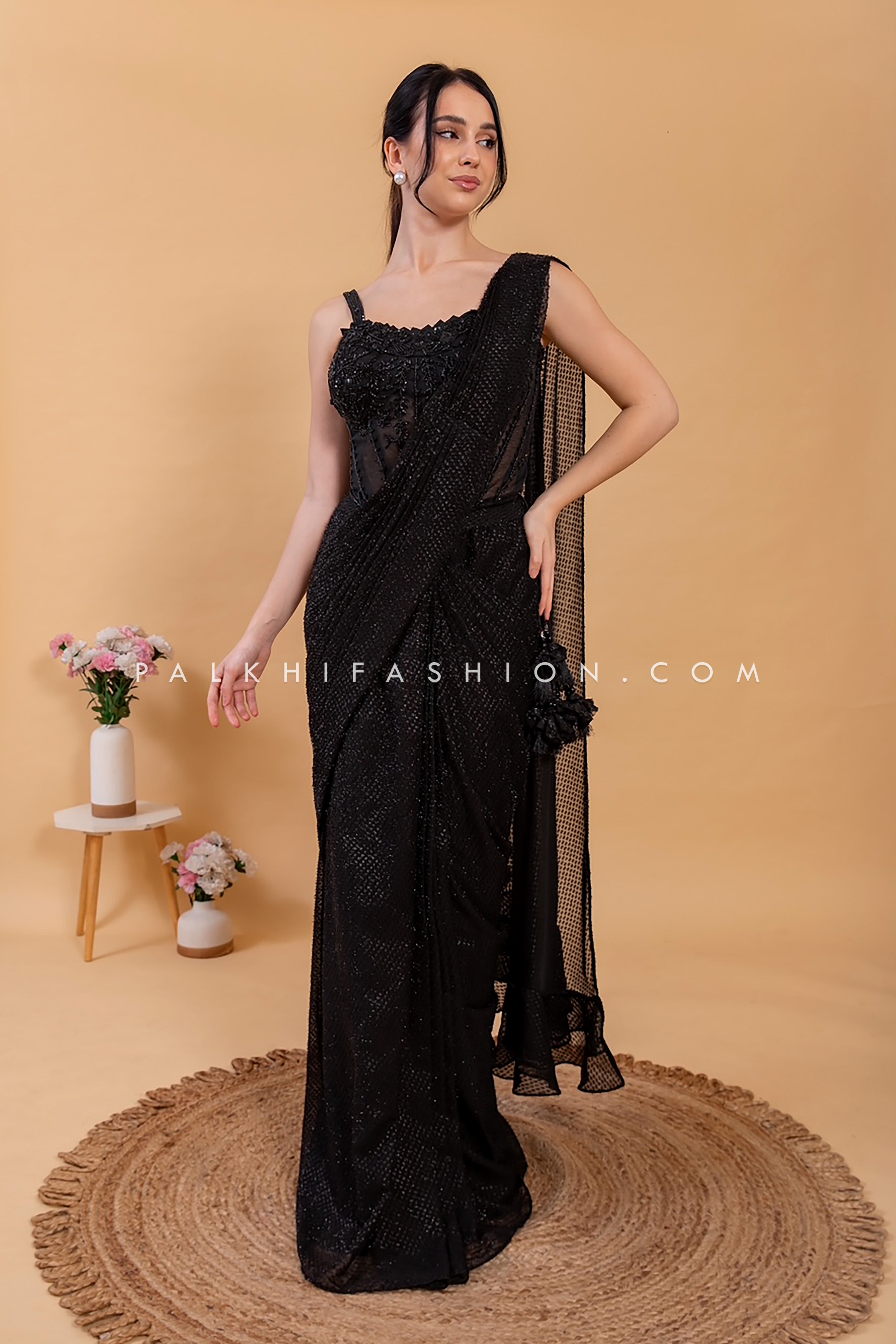 Black Celebrity-Inspired Ready-to-Wear Designer Saree With Corset Blouse | Palkhi Fashion