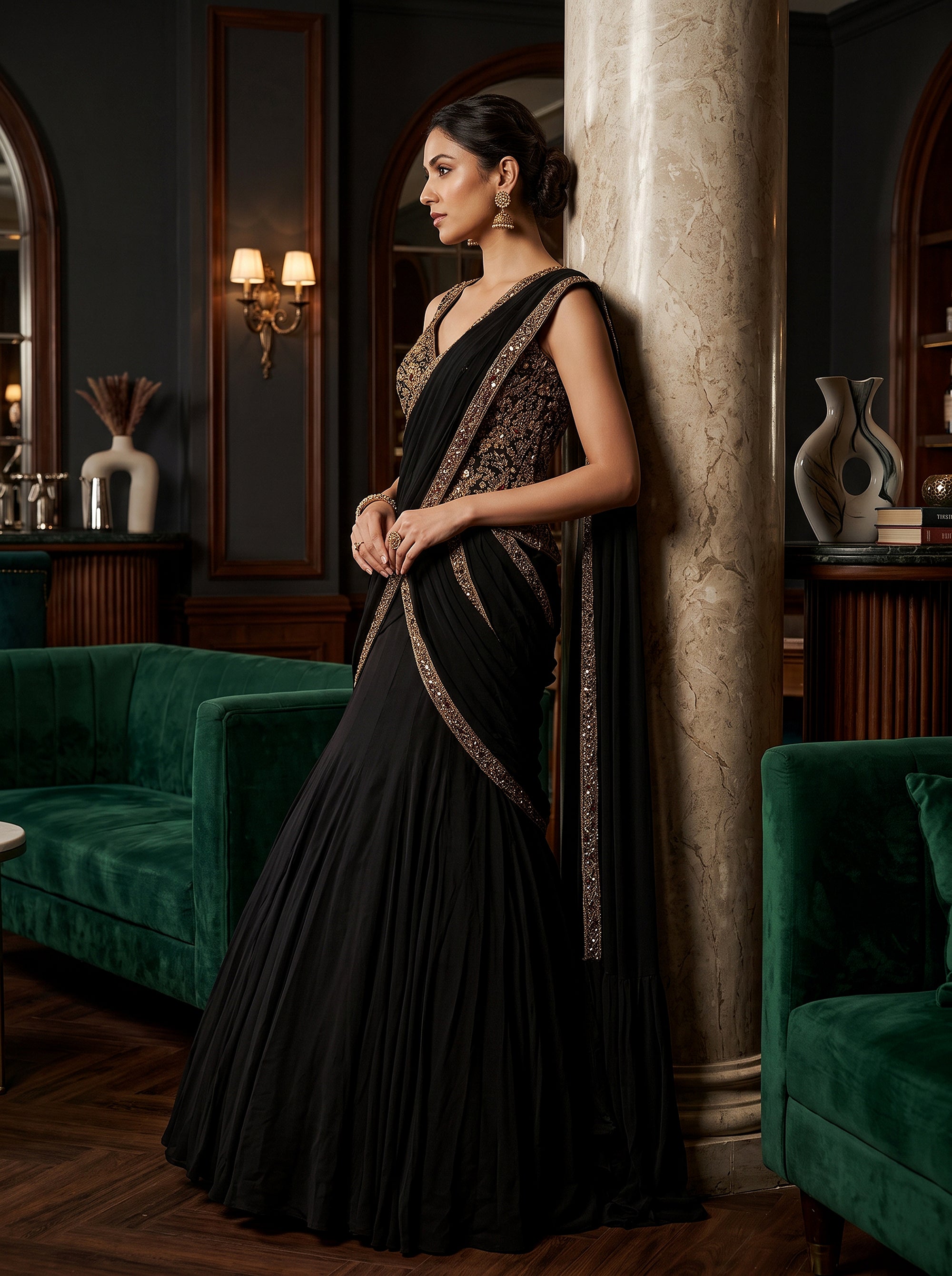 Glamorous Midnight | Black and Antique Gold Crepe Silk Pre-Draped Mermaid Designer Lehenga Set | Palkhi Fashion