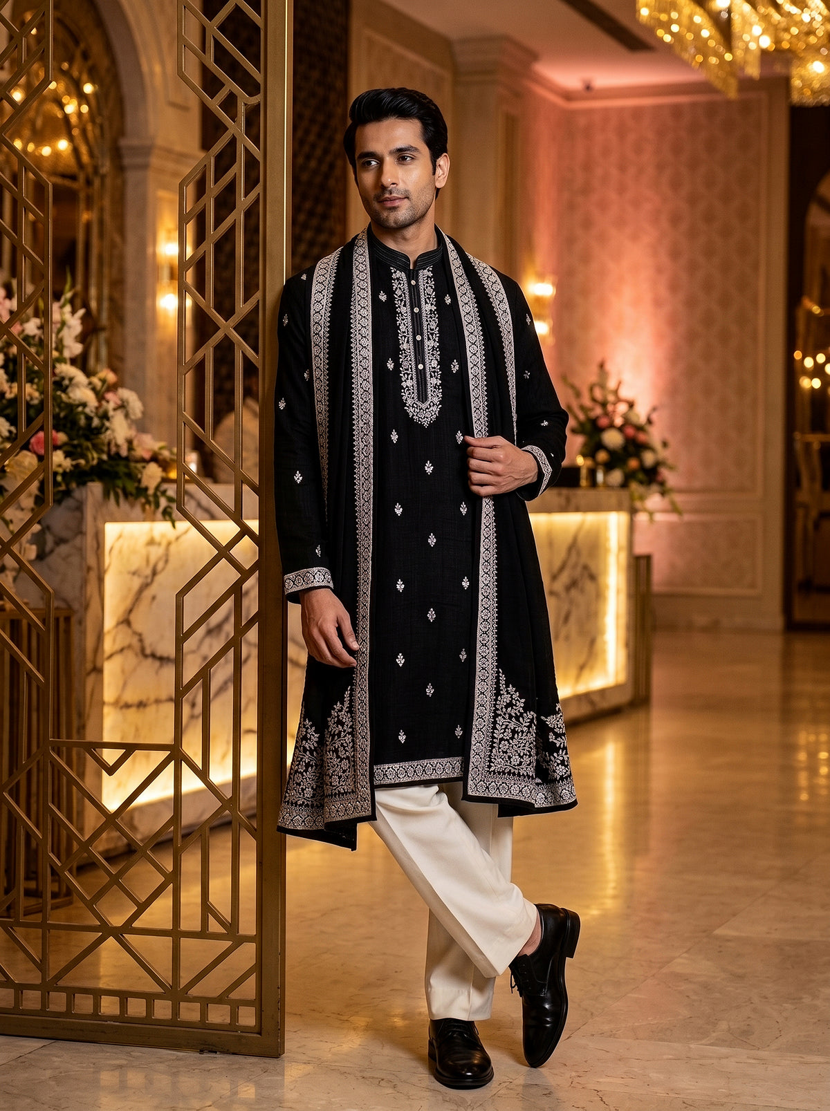 Regal Midnight | Black Embroidered Kurta Set with Mirror Work & Stole | Palkhi Fashion