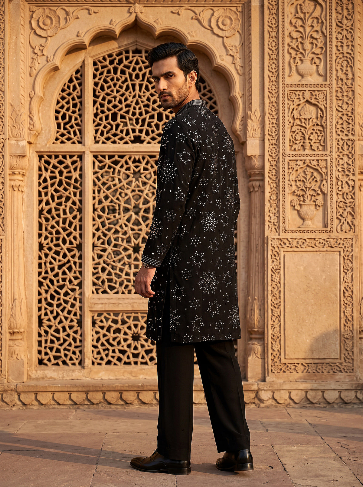 Midnight Majesty | Black Mirror Work Kurta Set with Korean Pants | Palkhi Fashion