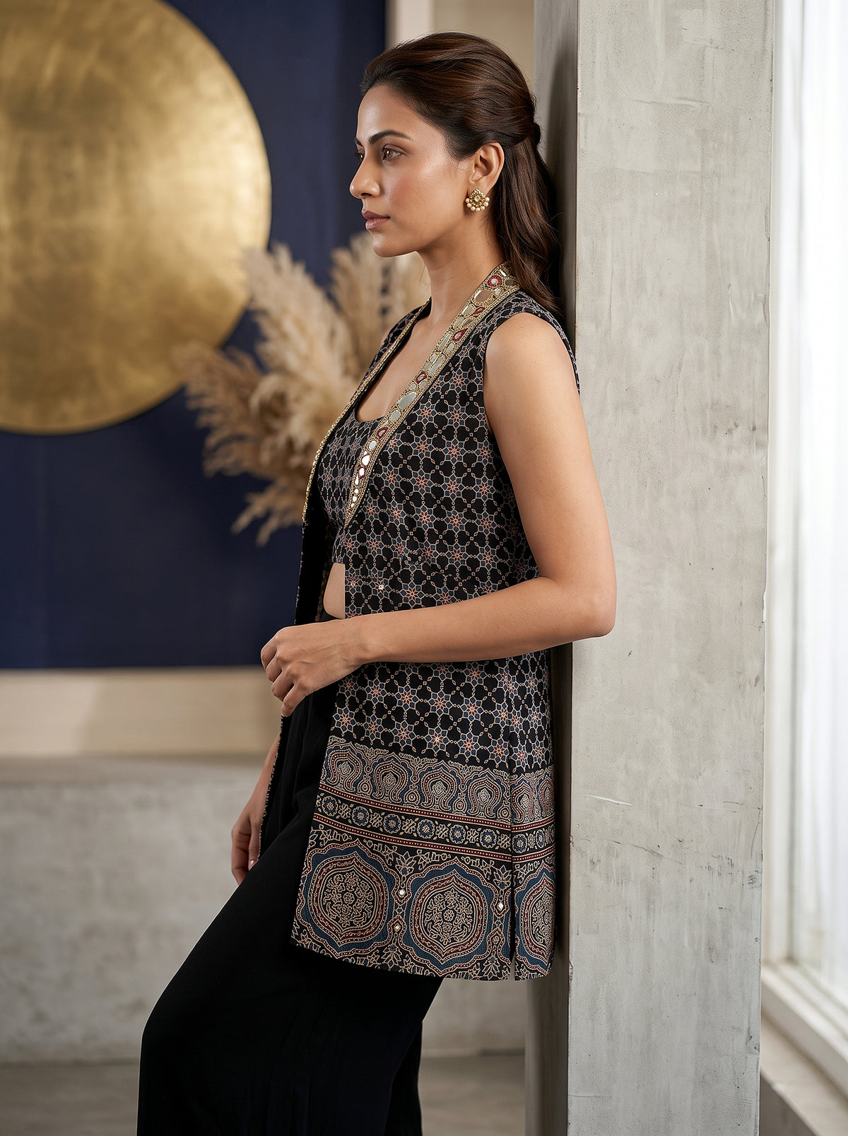 Boho Glamour | Black Ajrakh Indowestern Jacket Set with Mirrorwork | Palkhi Fashion