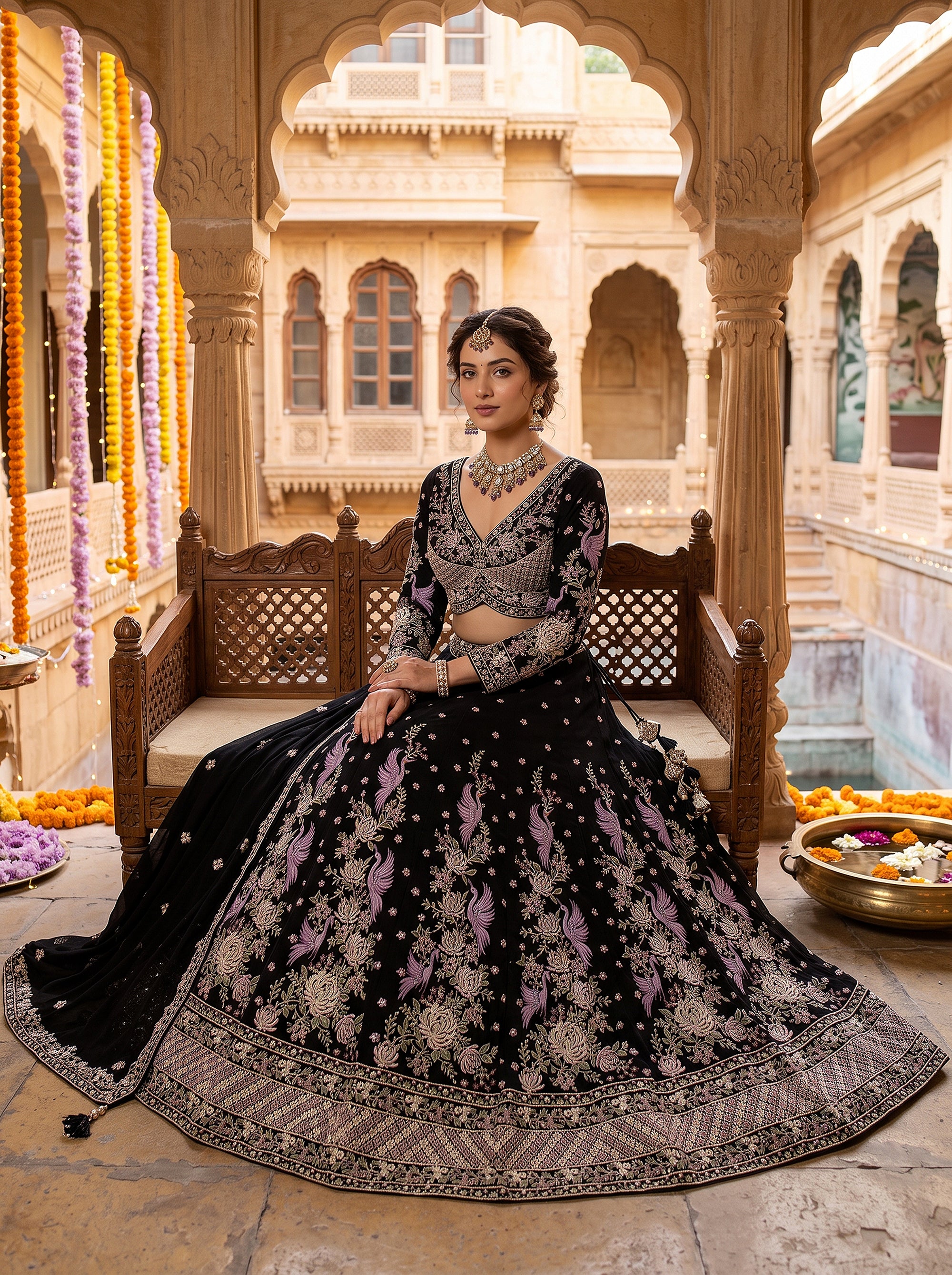 Midnight Enchantment | Black Silk Crane Resham & Cutdana Embroidered Lehenga Set | Palkhi Fashion