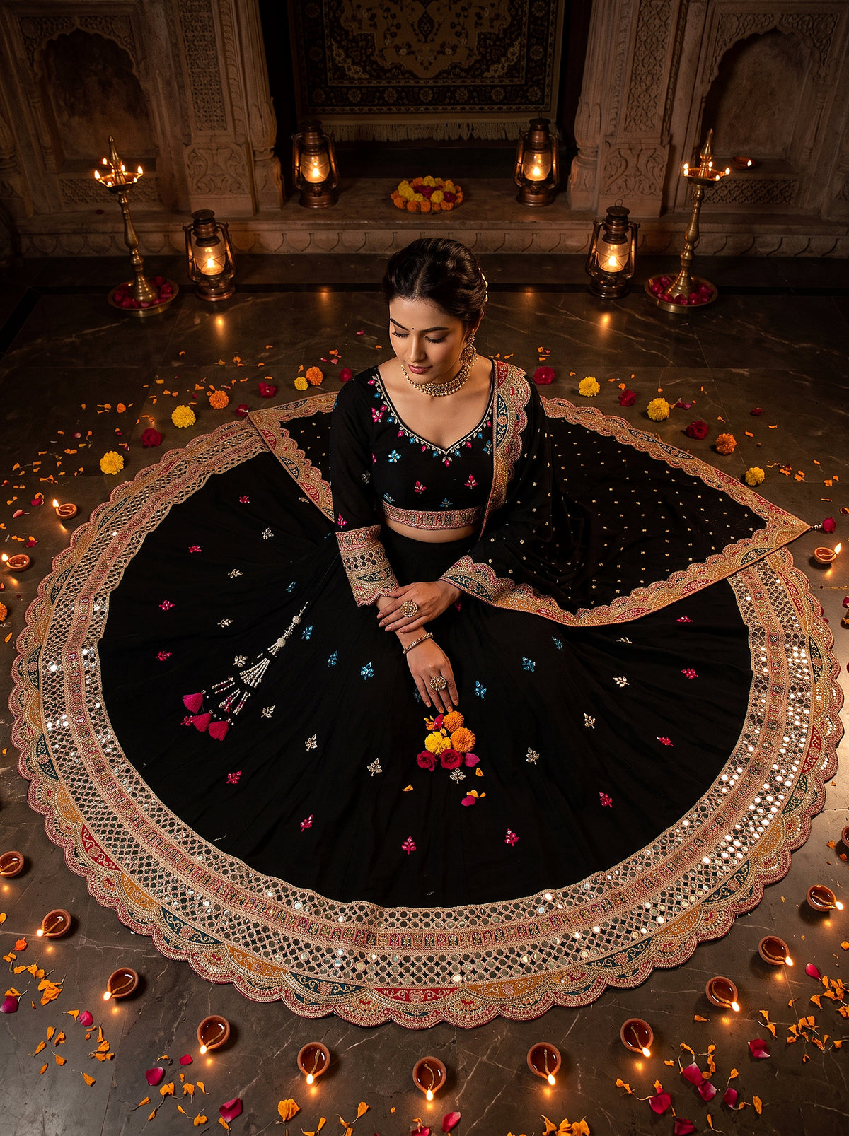 Festive Radiance | Black Georgette Chaniya Choli with Mirror Work & Resham | Palkhi Fashion