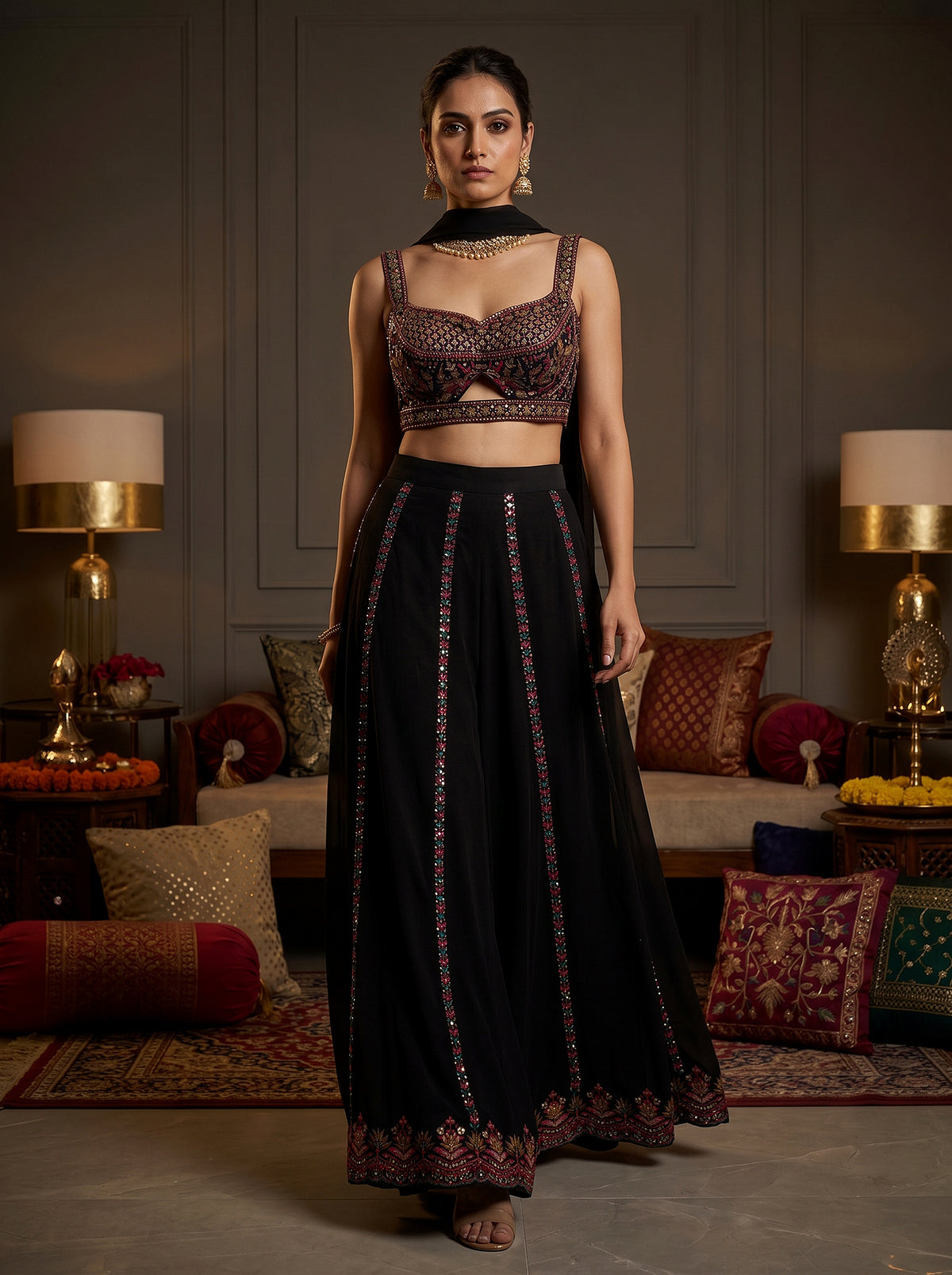 Midnight Glamour | Black Resham Embroidered Crop Top and Flared Palazzo Ensemble | Palkhi Fashion