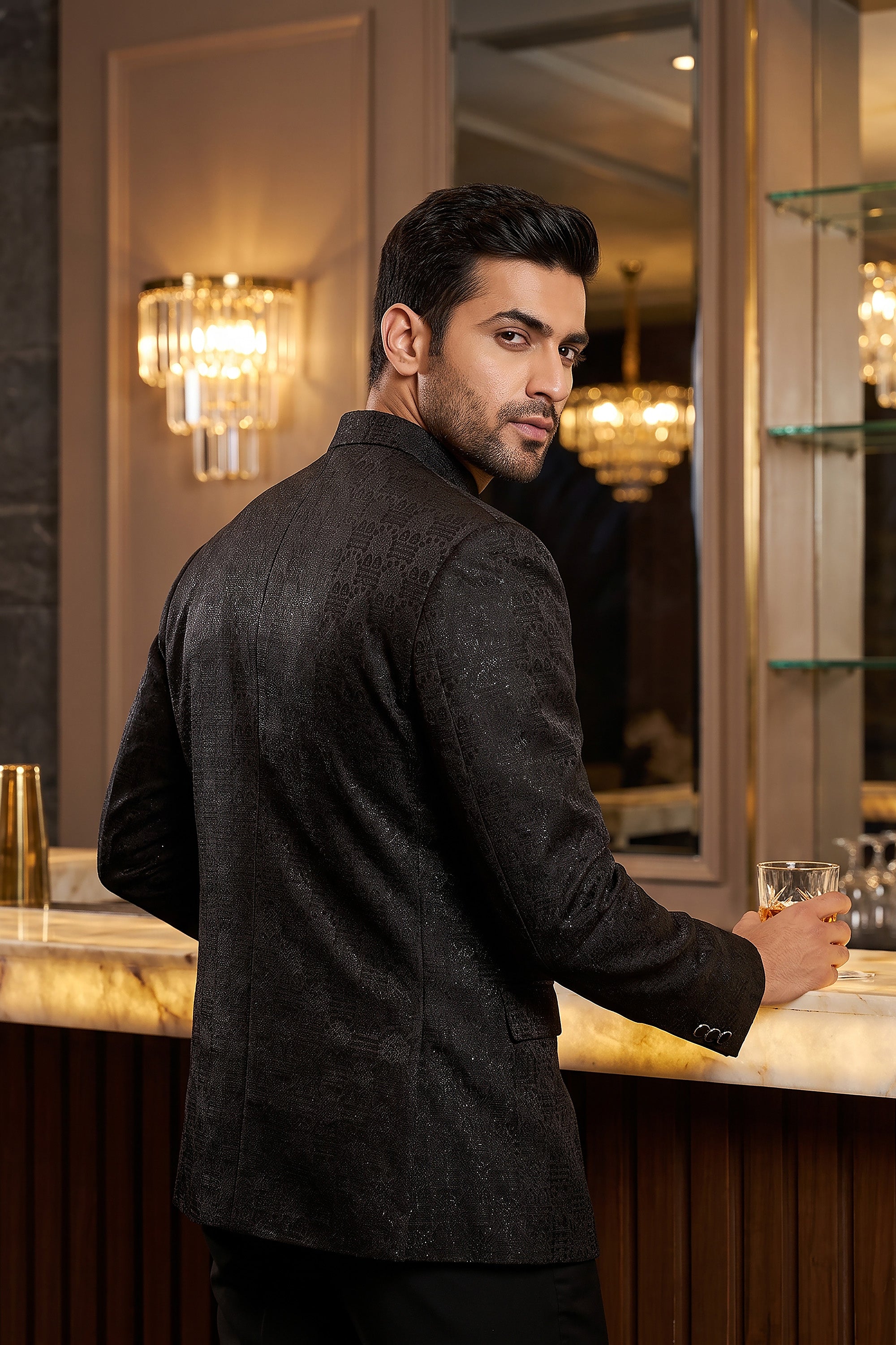 Imperial Black | Men's Jacquard Jodhpuri Set | Palkhi Fashion