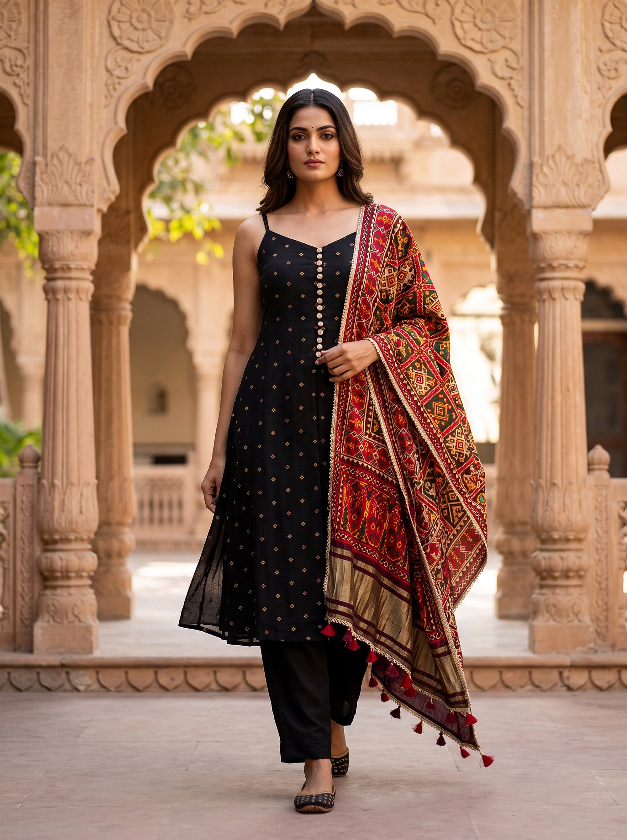 Midnight Patola | Black Strappy Kurta Pant Set with Patola Dupatta | Palkhi Fashion