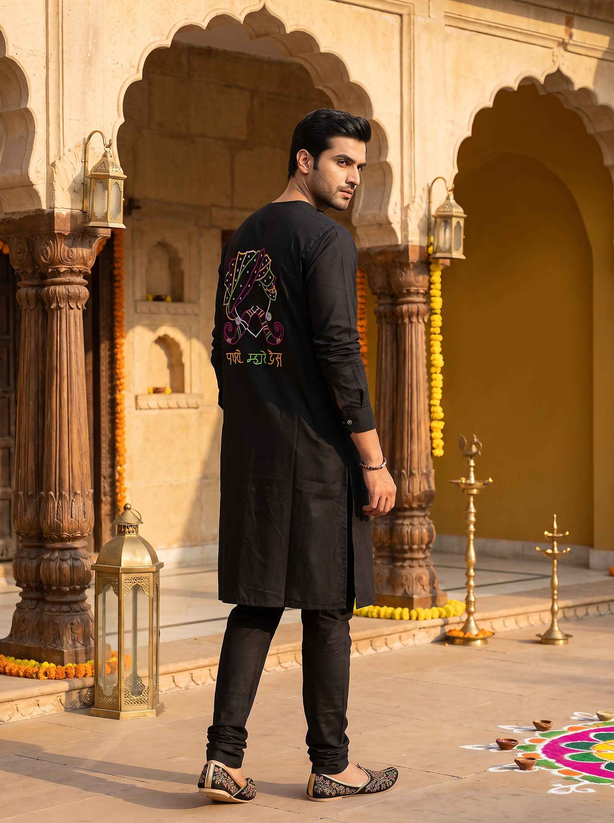 Mharo Des | Black Navratri Kurta Threadwork | Palkhi Fashion