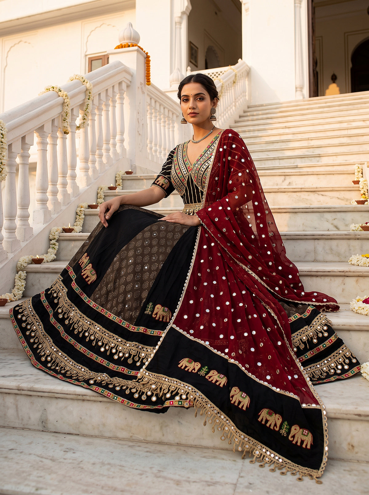 Vibrant Heritage | Black & Maroon Cotton Navratri Chaniya Choli with Mirror Work | Palkhi Fashion