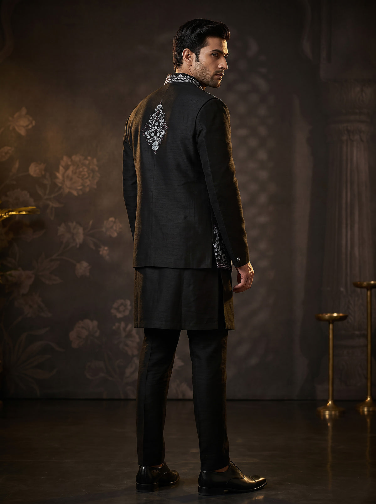 Midnight Majesty | Black Raw Silk Indo-Western Kurta Set with Resham & Cutdana Work | Palkhi Fashion