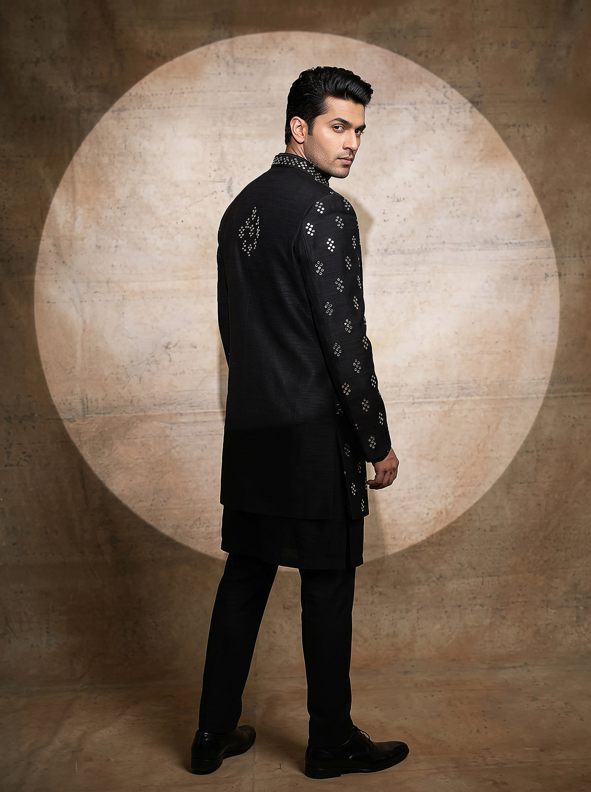 Midnight Majesty | Black Raw Silk Indo-Western Open Jacket Suit with Mirror Work | Palkhi Fashion