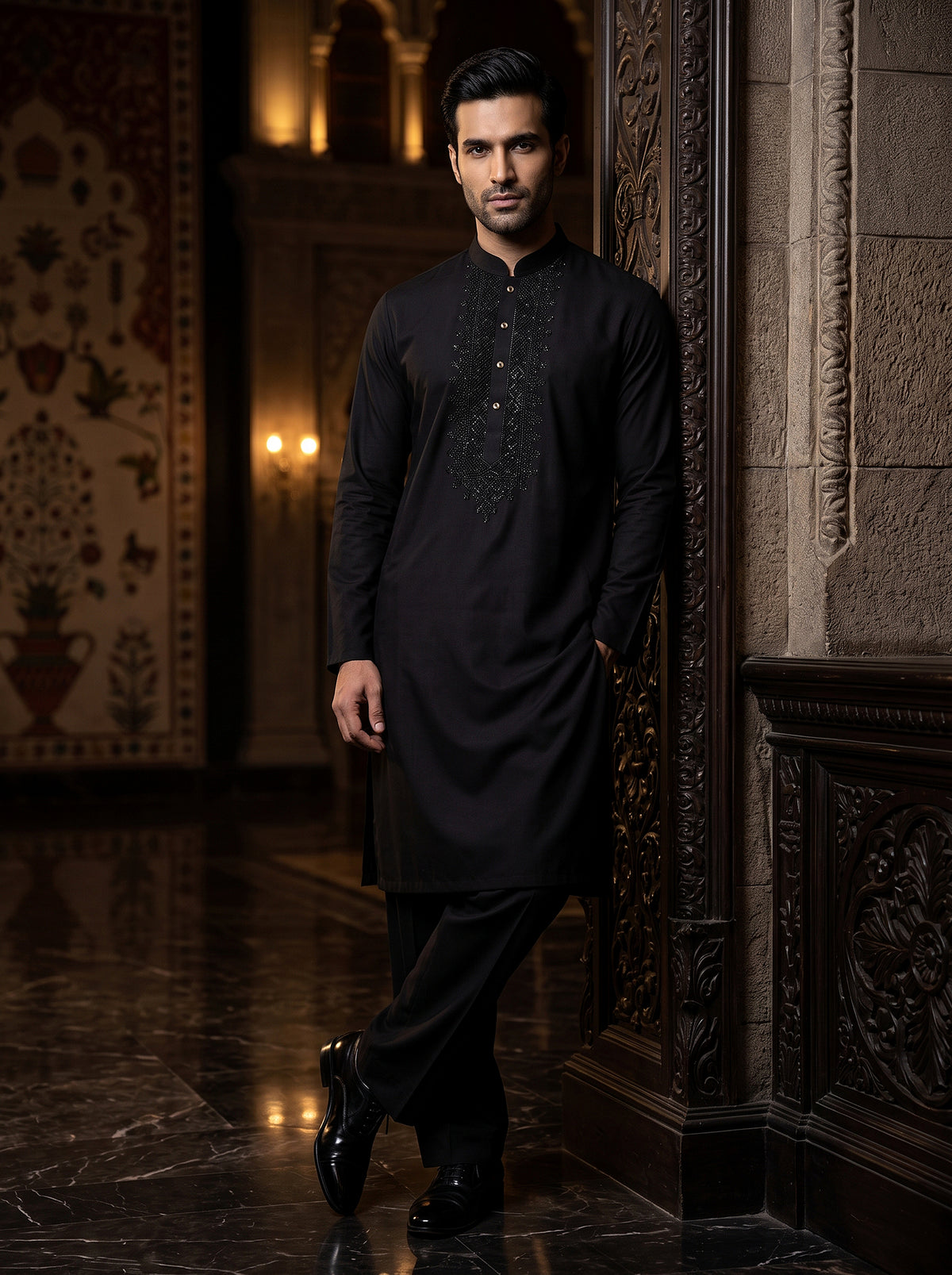 Midnight Majesty | Black Soft Armani Kurta with Petite Stone Work | Palkhi Fashion