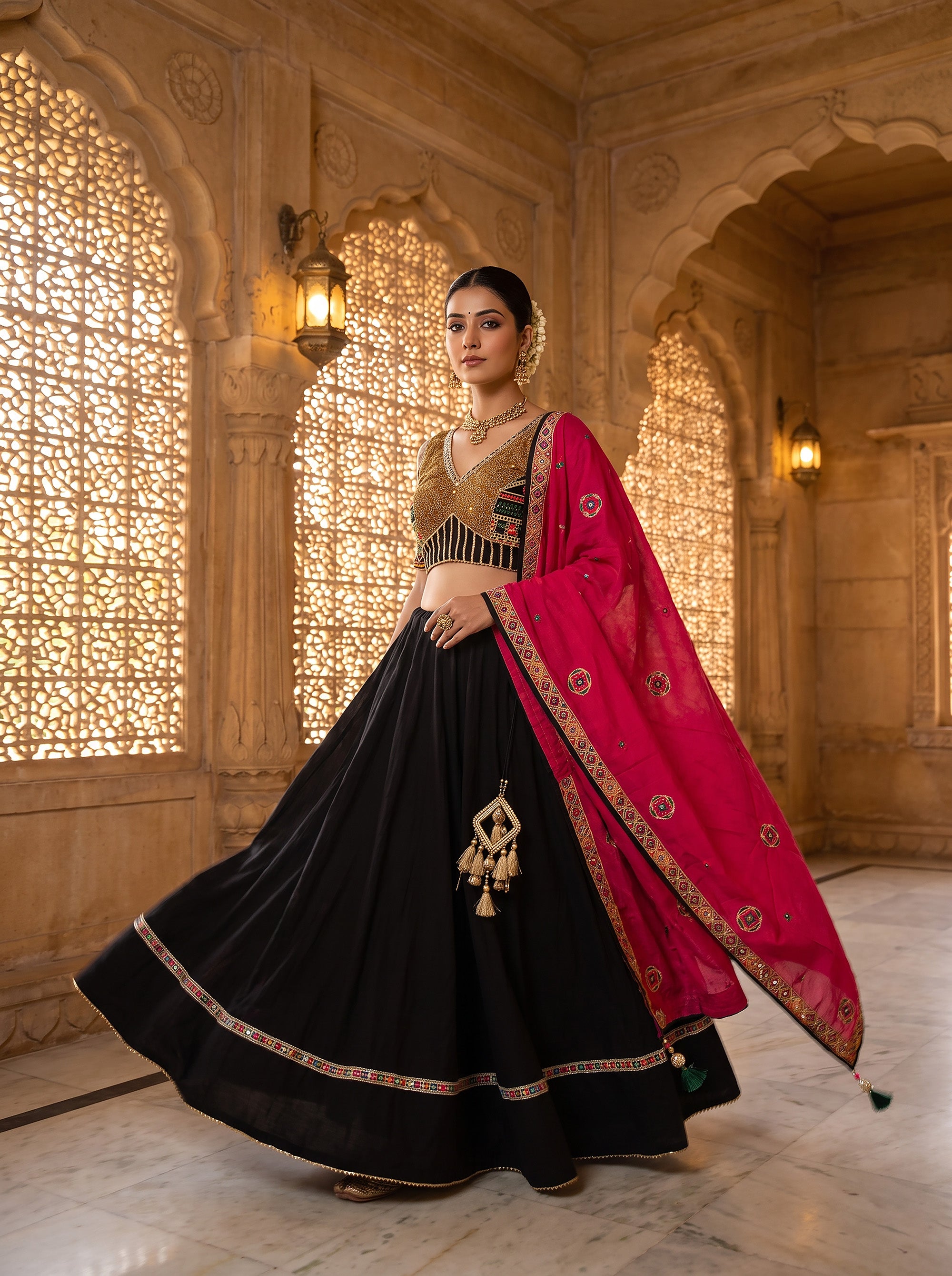 Black Cotton Navratri Chaniya Choli with Kutchi Work | Palkhi Fashion