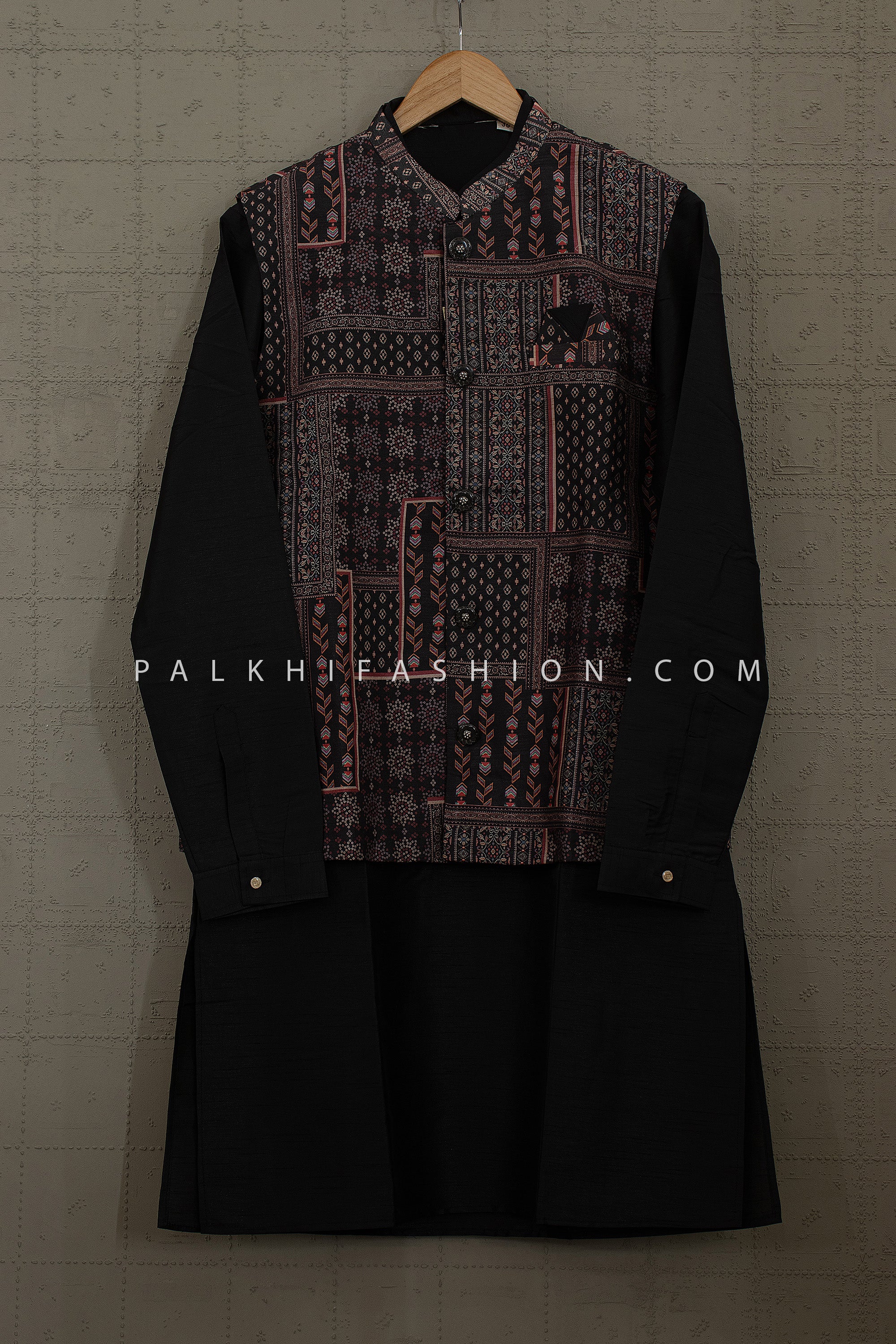 Heritage Black Kurta with Designer Bandhani Printed Jacket by Palkhi Fashion