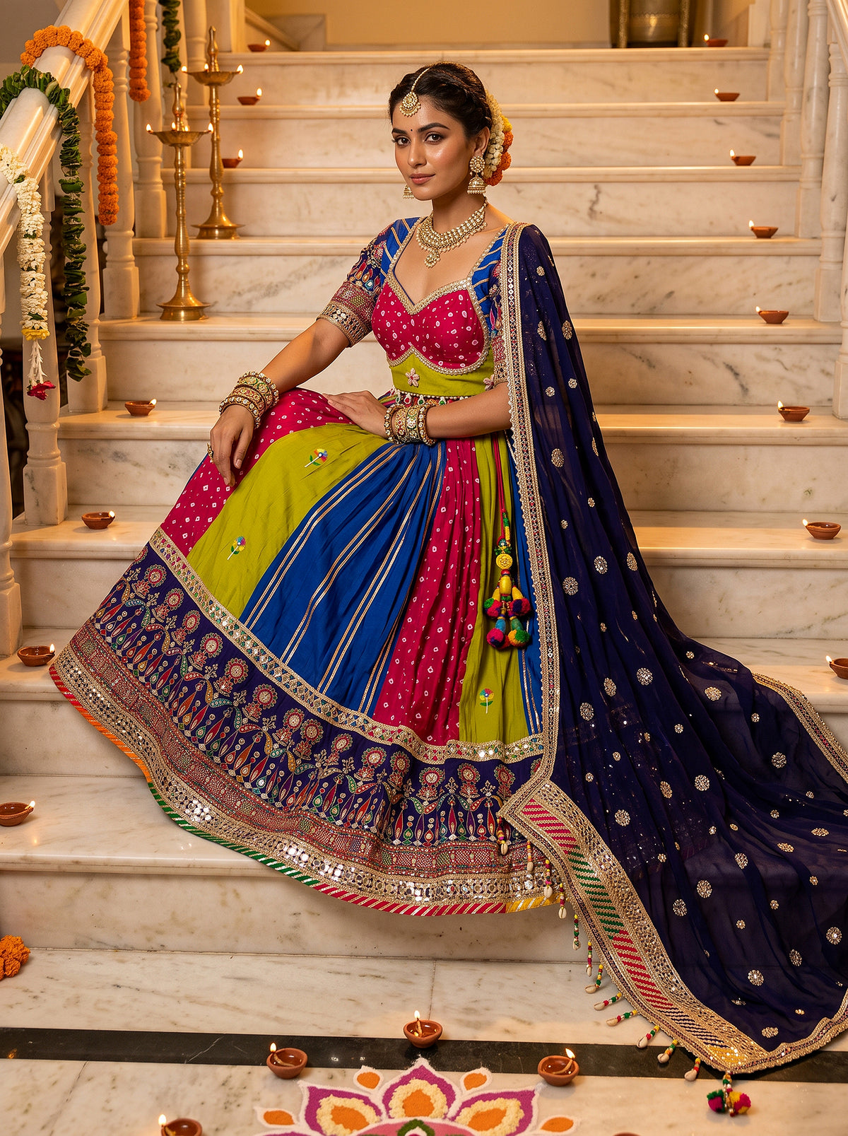 Vibrant Festivity | Blue, Pink, and Green Bandhej Print Chaniya Choli with Mirror Work | Palkhi Fashion