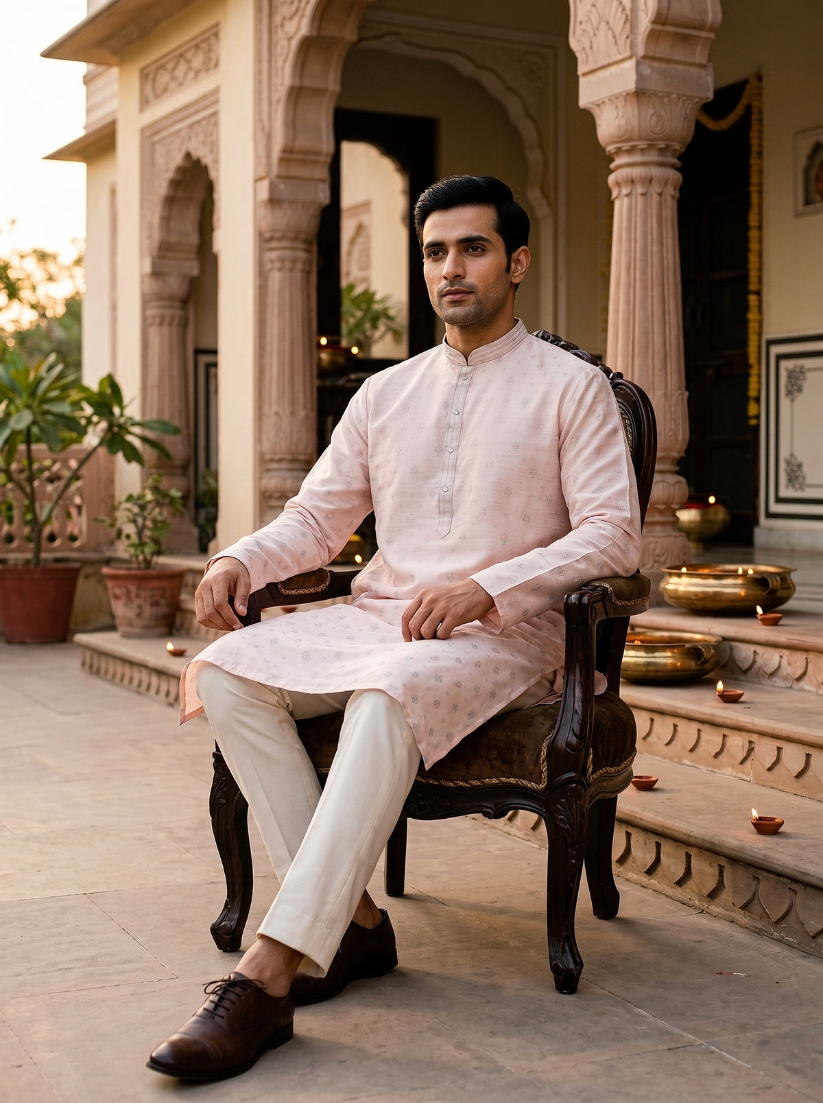 Subtle Elegance | Blush Pink Silk Blend Jacquard Floral Kurta Set | Palkhi Fashion