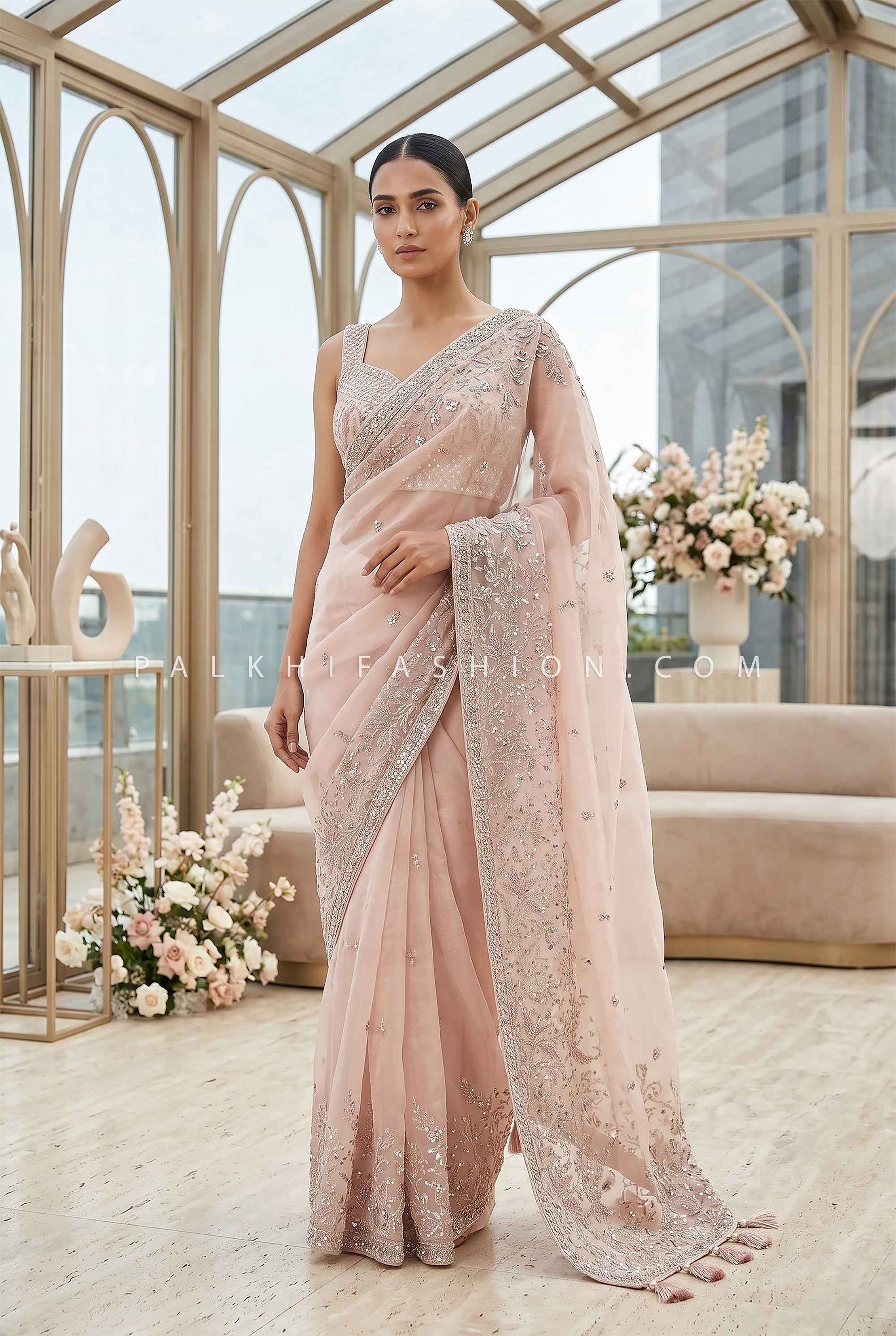 Blush Celeste – Soft Blush Pink Designer Saree with Sequin Floral Hand Embroidery | Palkhi Fashion