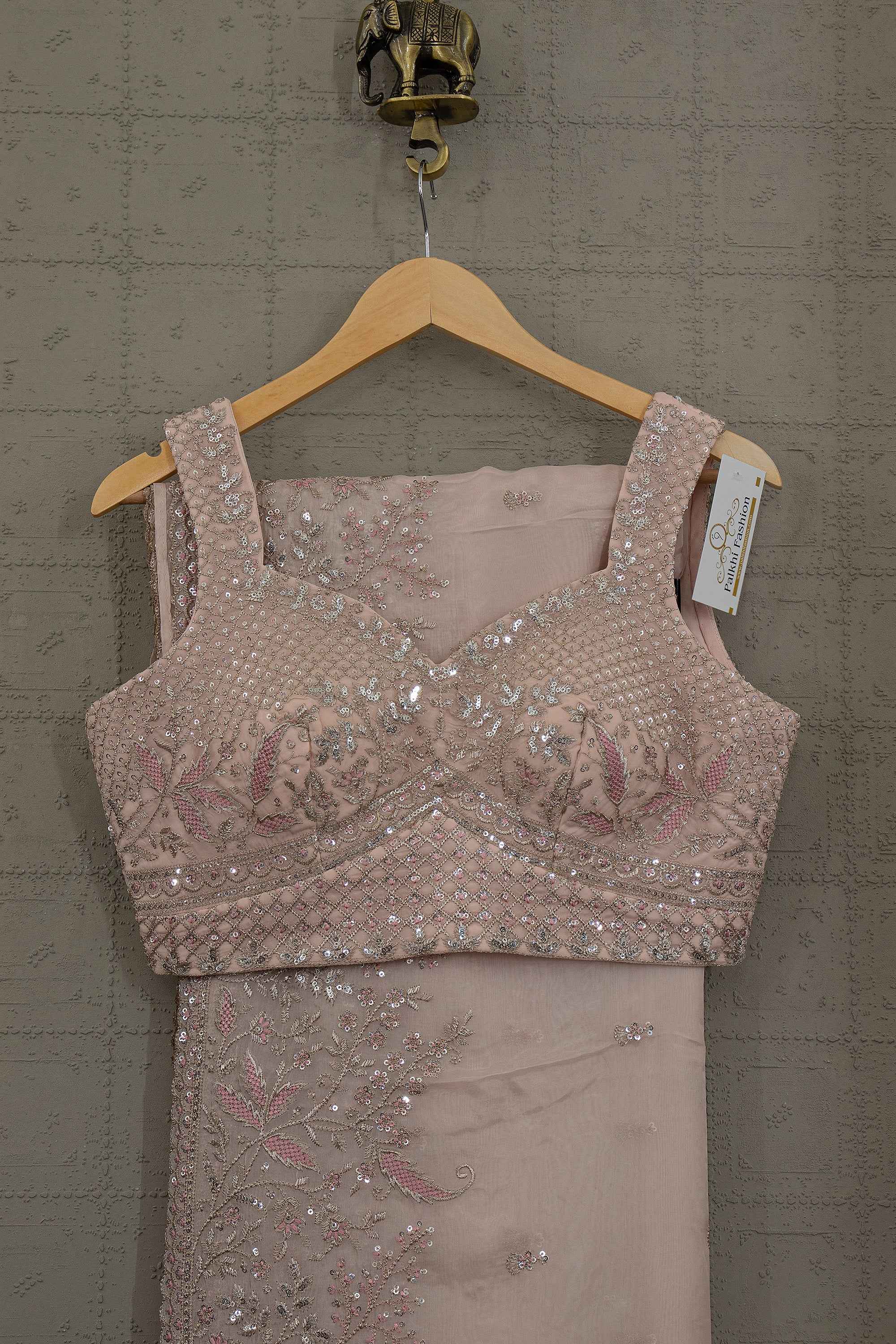Blush Celeste – Soft Blush Pink Designer Saree with Sequin Floral Hand Embroidery | Palkhi Fashion
