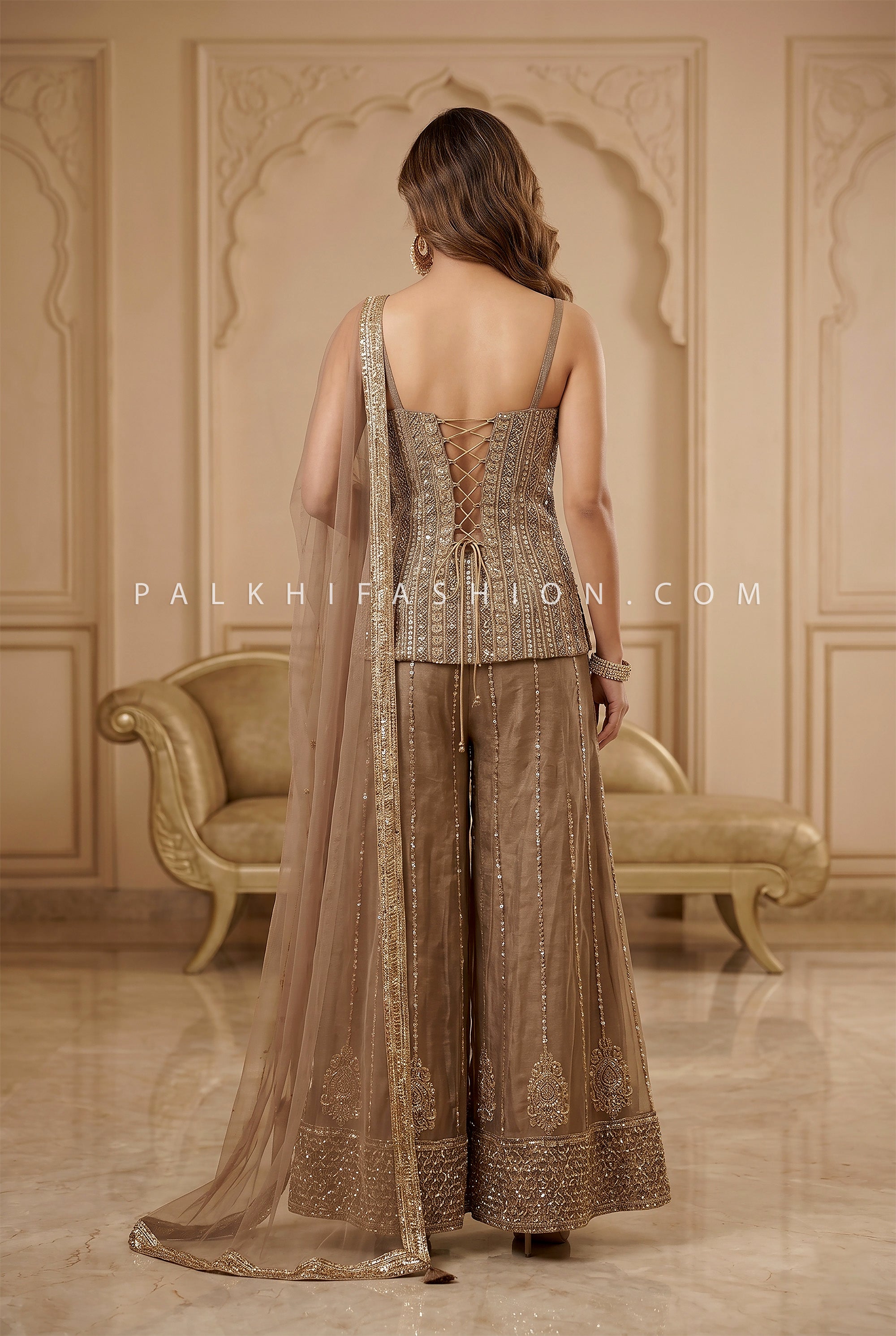 Bronze Regal Glow – Bronze Gold Palazzo Set with Handwork Corset Top – Palkhi Fashion