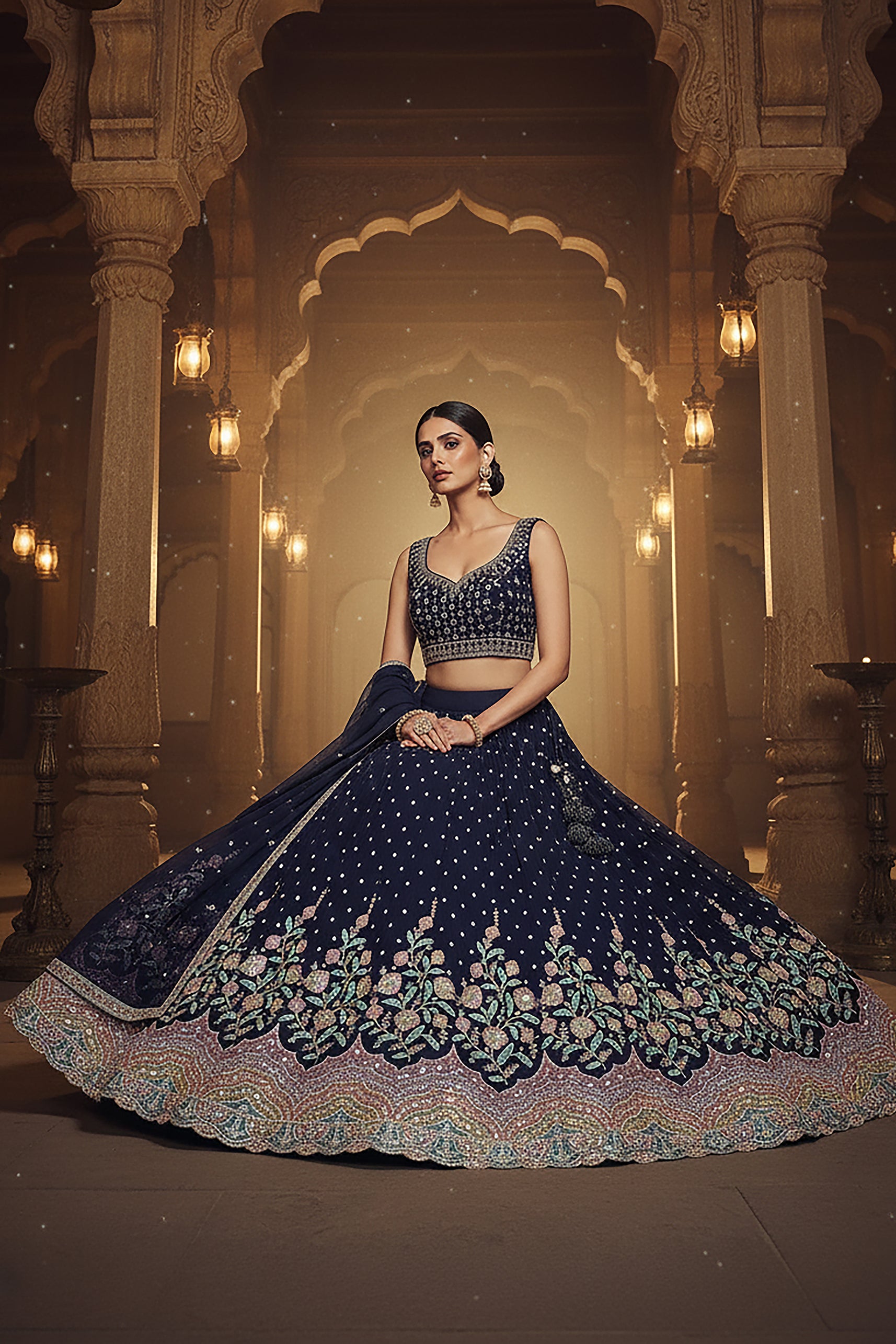Celestial Bloom: Designer Purplish Blue Embroidered Lehenga Choli Set – Palkhi Fashion Houston