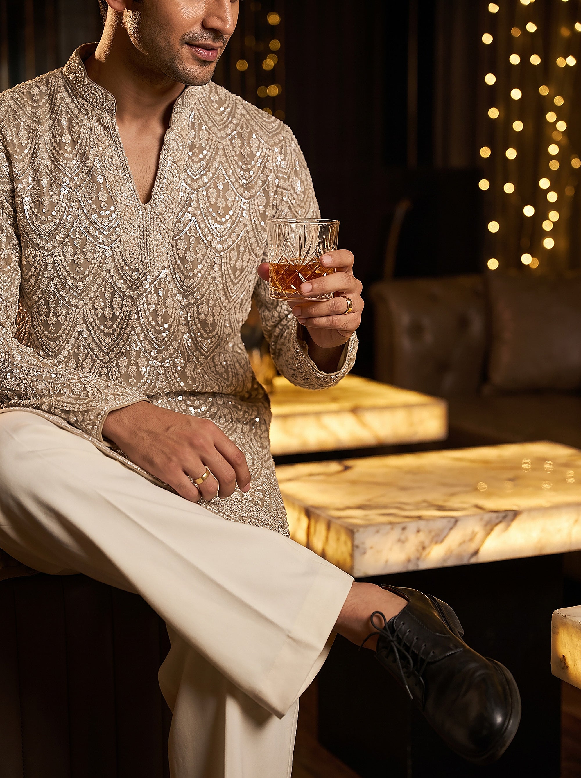 Limited Edition | Champagne Designer Mens Kurta with Handwork | Palkhi Fashion