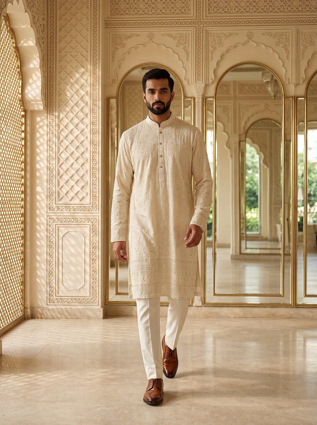 Champagne Radiance | Regal Champagne Embroidered Georgette Kurta Set | Palkhi Fashion
