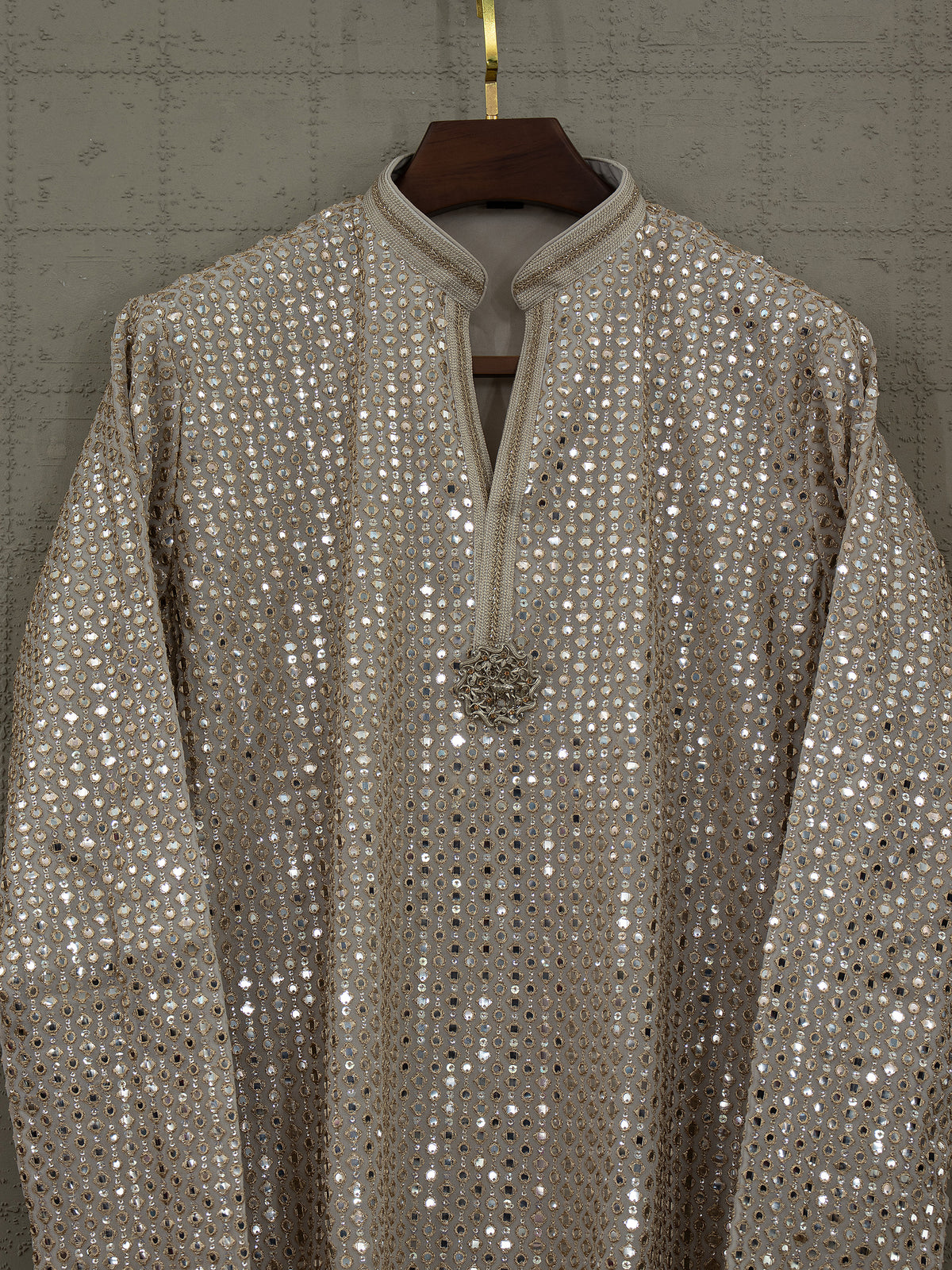 Luminous Grandeur | Champagne Georgette Foil Mirror Kurta Set | Palkhi Fashion