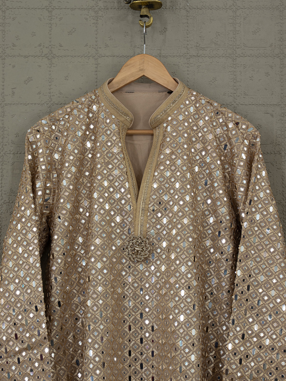 Golden Grandeur | Champagne Georgette Foil Mirror Work Kurta Set with Korean Pants | Palkhi Fashion