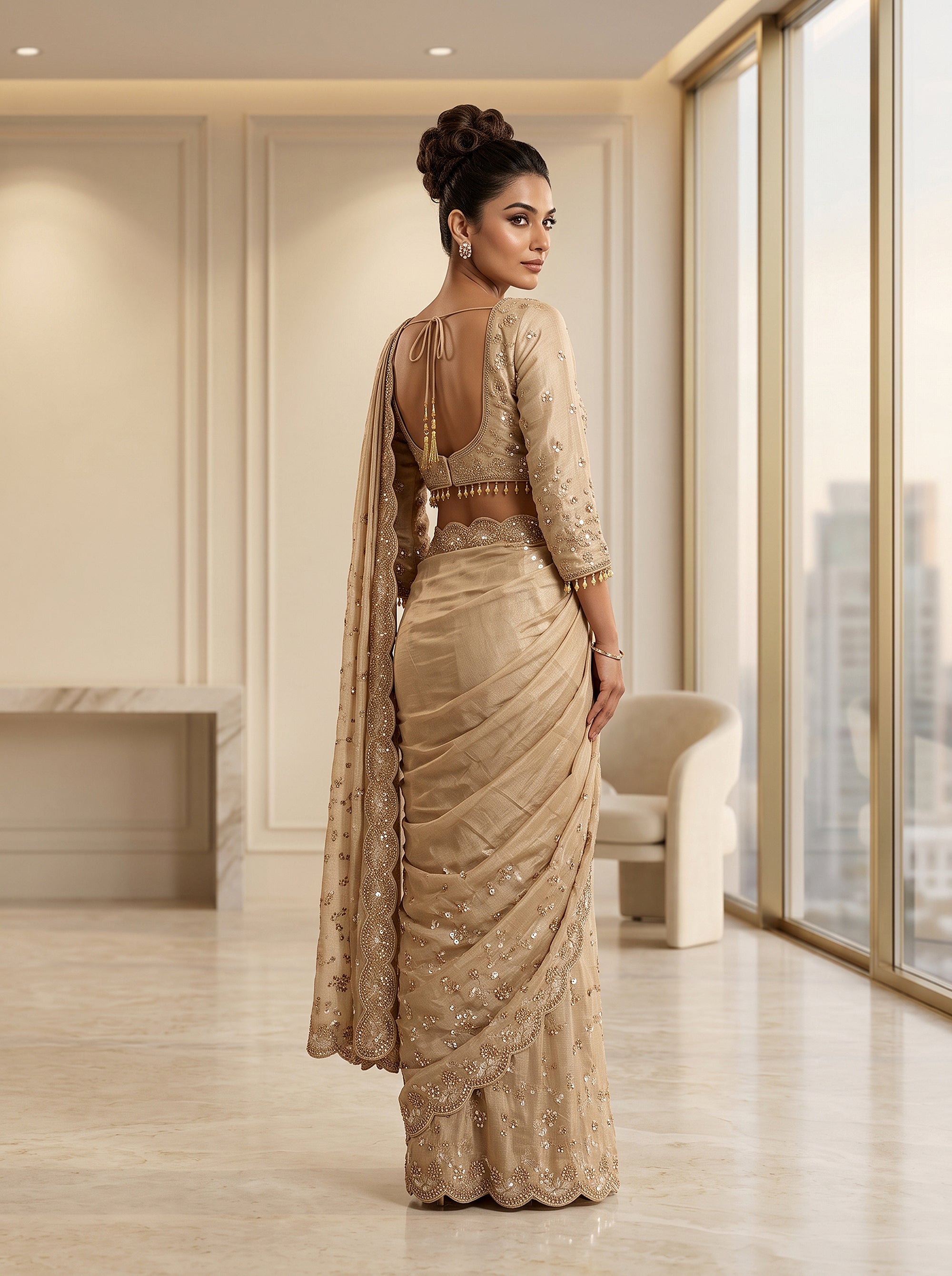 Golden Radiance | Champagne Gold Embellished Designer Saree with Scalloped Border | Palkhi Fashion