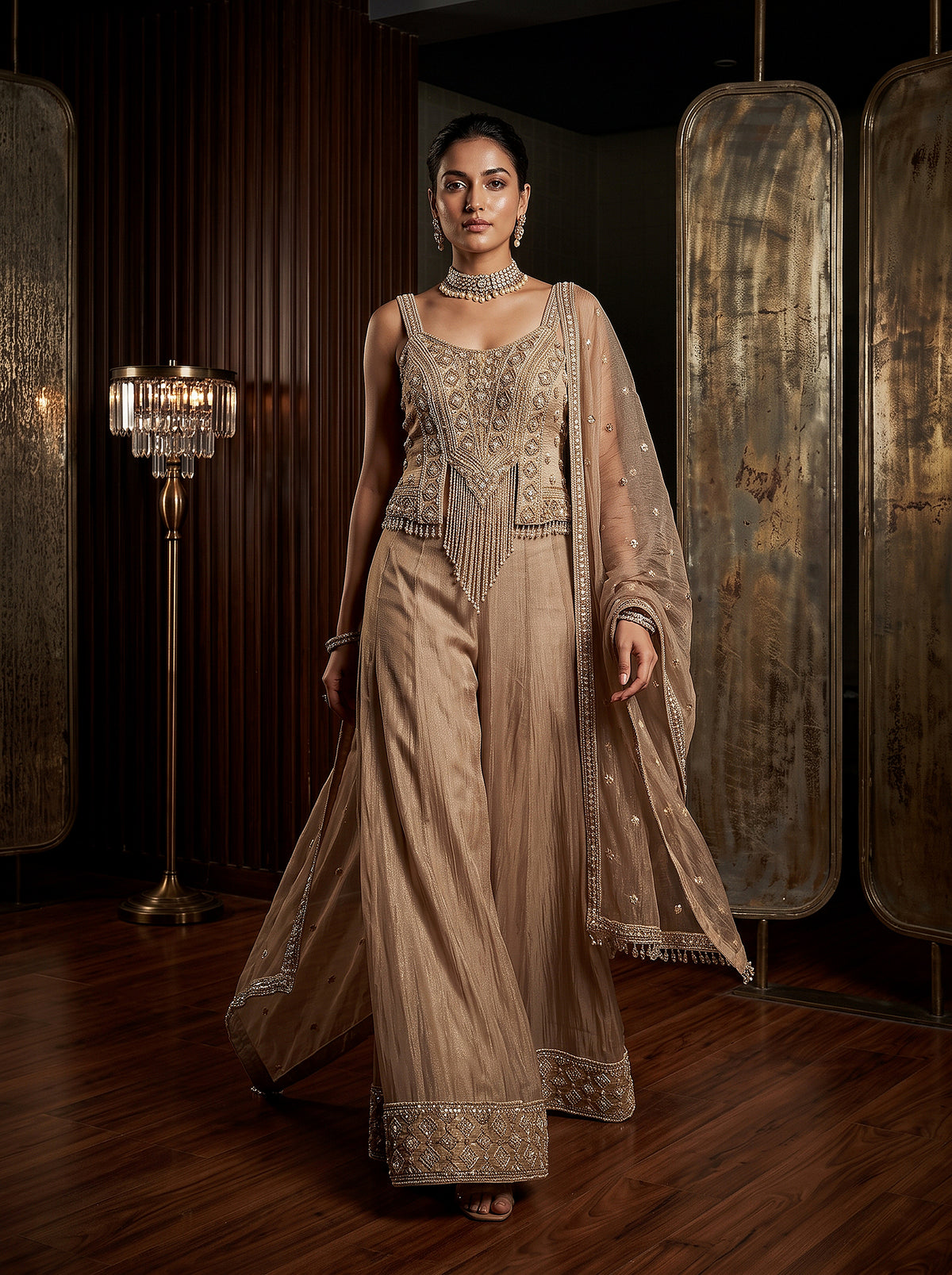 Gilded Radiance | Champagne Gold Crop Top Palazzo Set with Cutdana & Handwork | Palkhi Fashion