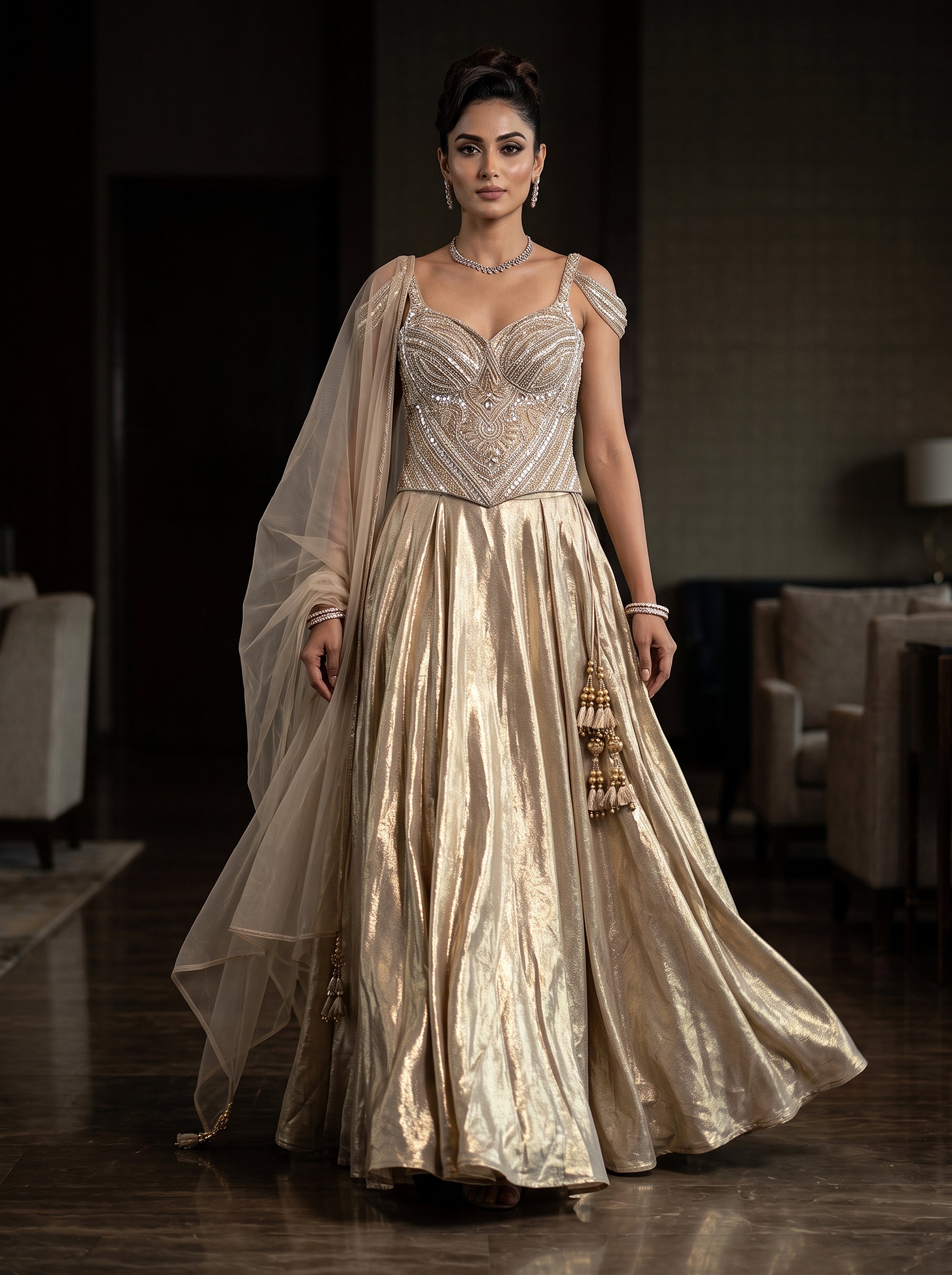 Gilded Radiance | Champagne Gold Lehenga Choli with Embellished Corset Blouse | Palkhi Fashion