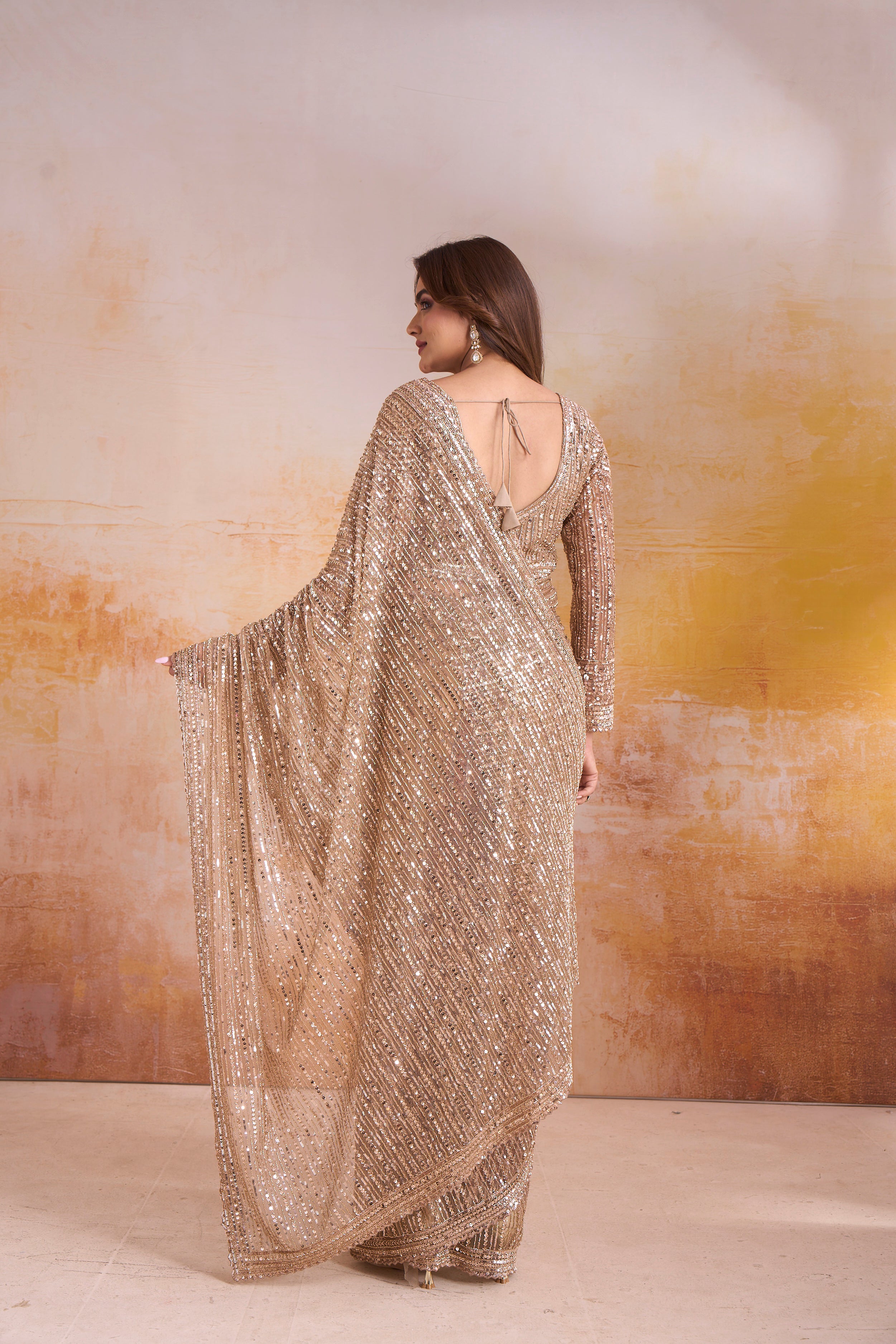 Shimmering Luxe | Champagne Gold Net Saree with Stitched Blouse | Palkhi Fashion
